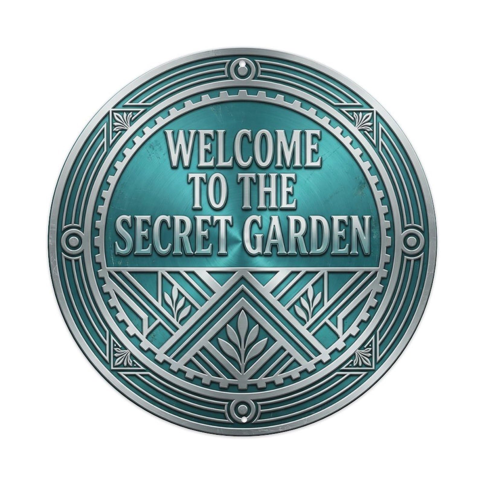 Vintage Welcome Secret Garden Silver Teal Brushed Metal Tin Sign