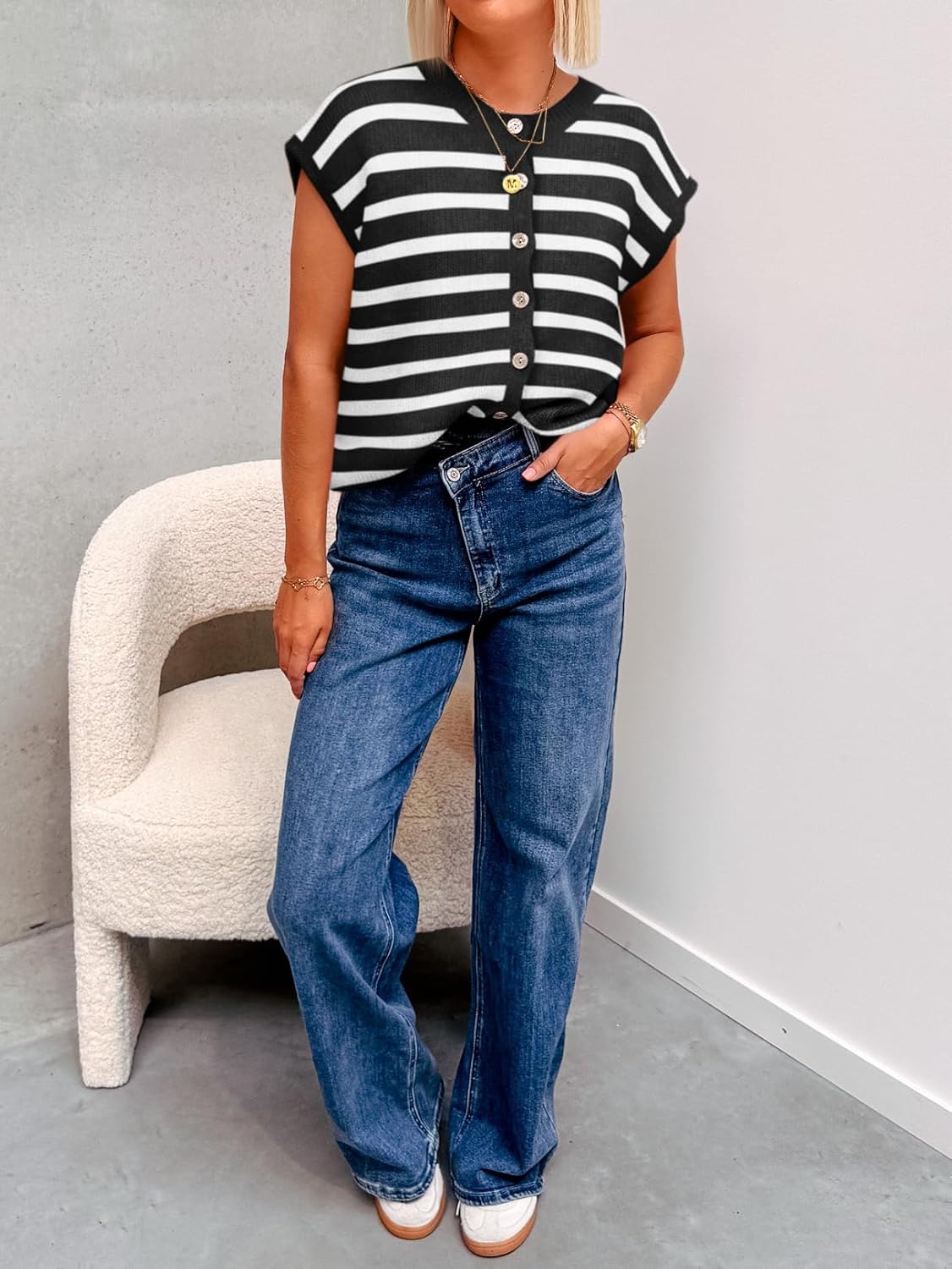 Cicy Bell Womens Striped Cap Sleeve Sweater Vest Crew Neck Button Down Cardigan Cute Knit Tops - Image 4