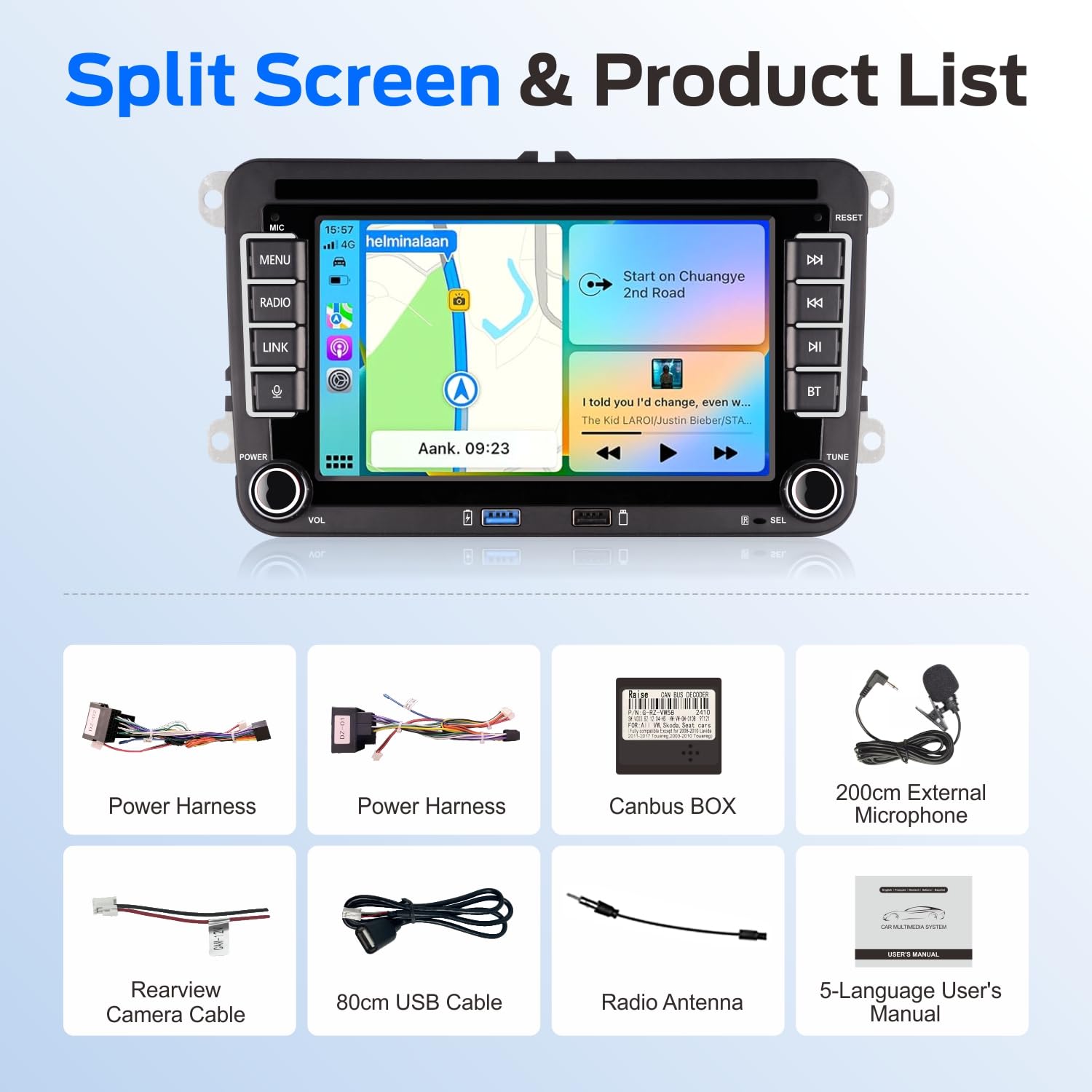Linux Bluetooth Car Radio for Golf 5 6 VW Polo T5 Seat with Navigation WLAN FM/AM/DSP/Mirror Link, Apple Carplay, Android Car, Steering Wheel Ctrl, 2Din Dab Car Radio Touch Screen