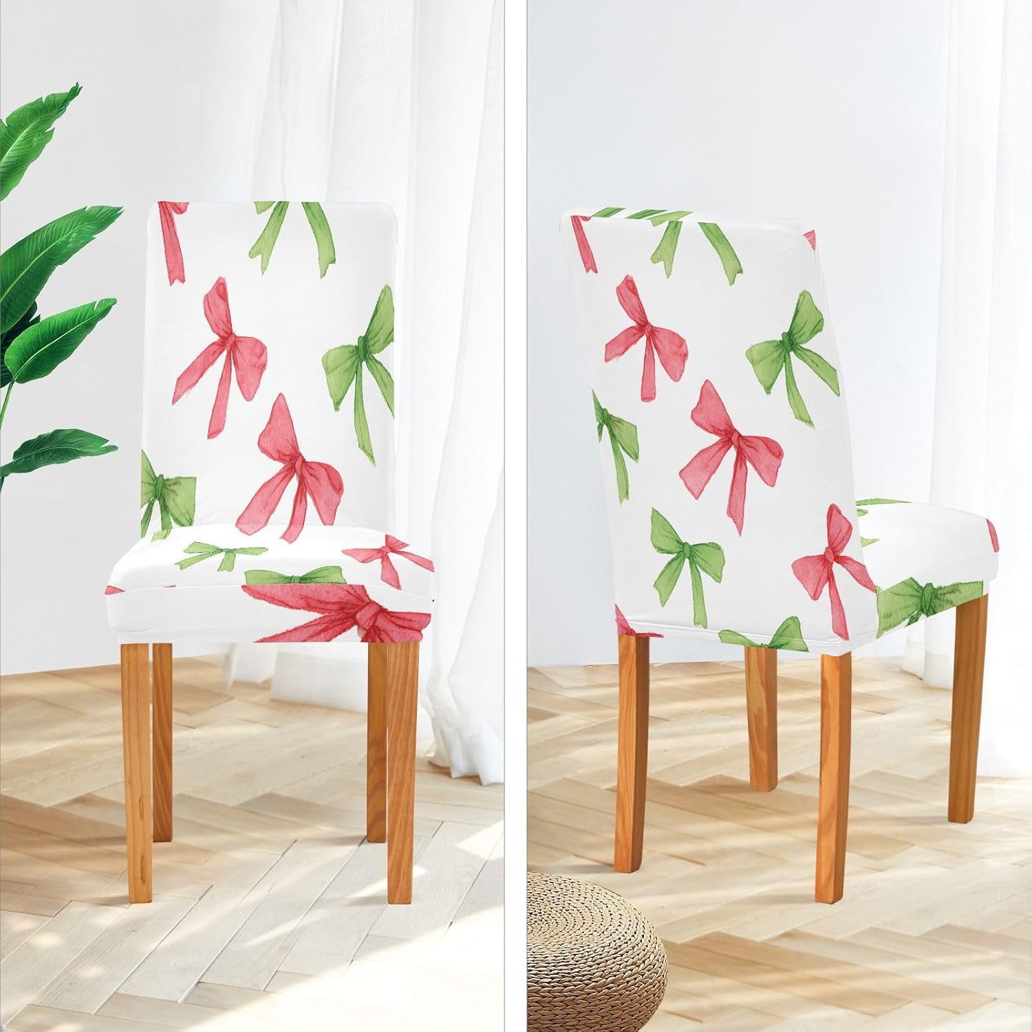 ALAZA Chair Covers for Dining Room, Red Green Watercolor Bow Pattern Stretch Chair Cover Sets Chair Protector Removable Washable for Ktichen Restaurant Hotel