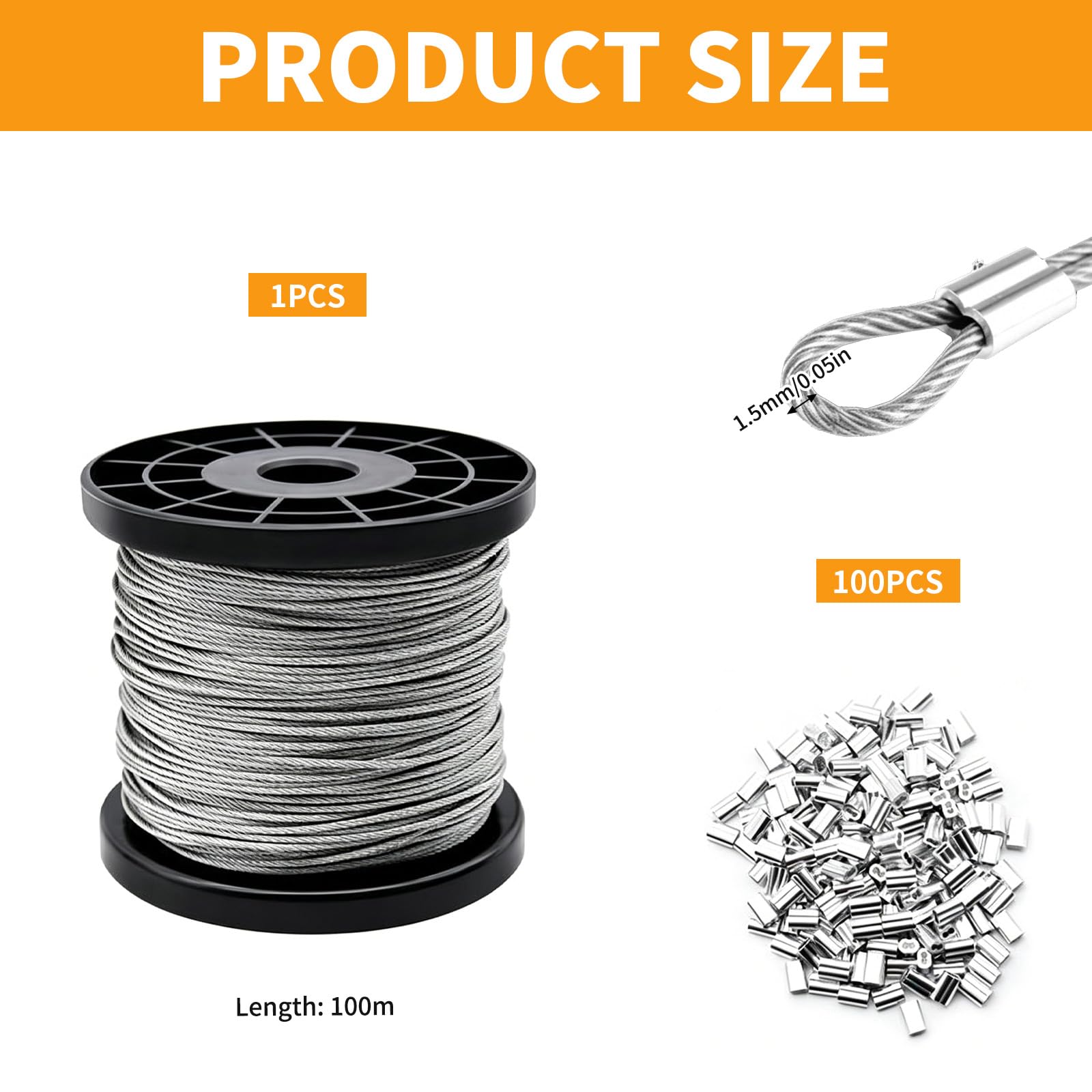 Câble Métallique en Acier Inoxydable,Kit de Câble Métallique 100m,Cables Acier Inox 1.5 mm,Noyau 7 x 7 Brins,pour Outdoor Suspension,Corde a Linge,Plante Grimpante