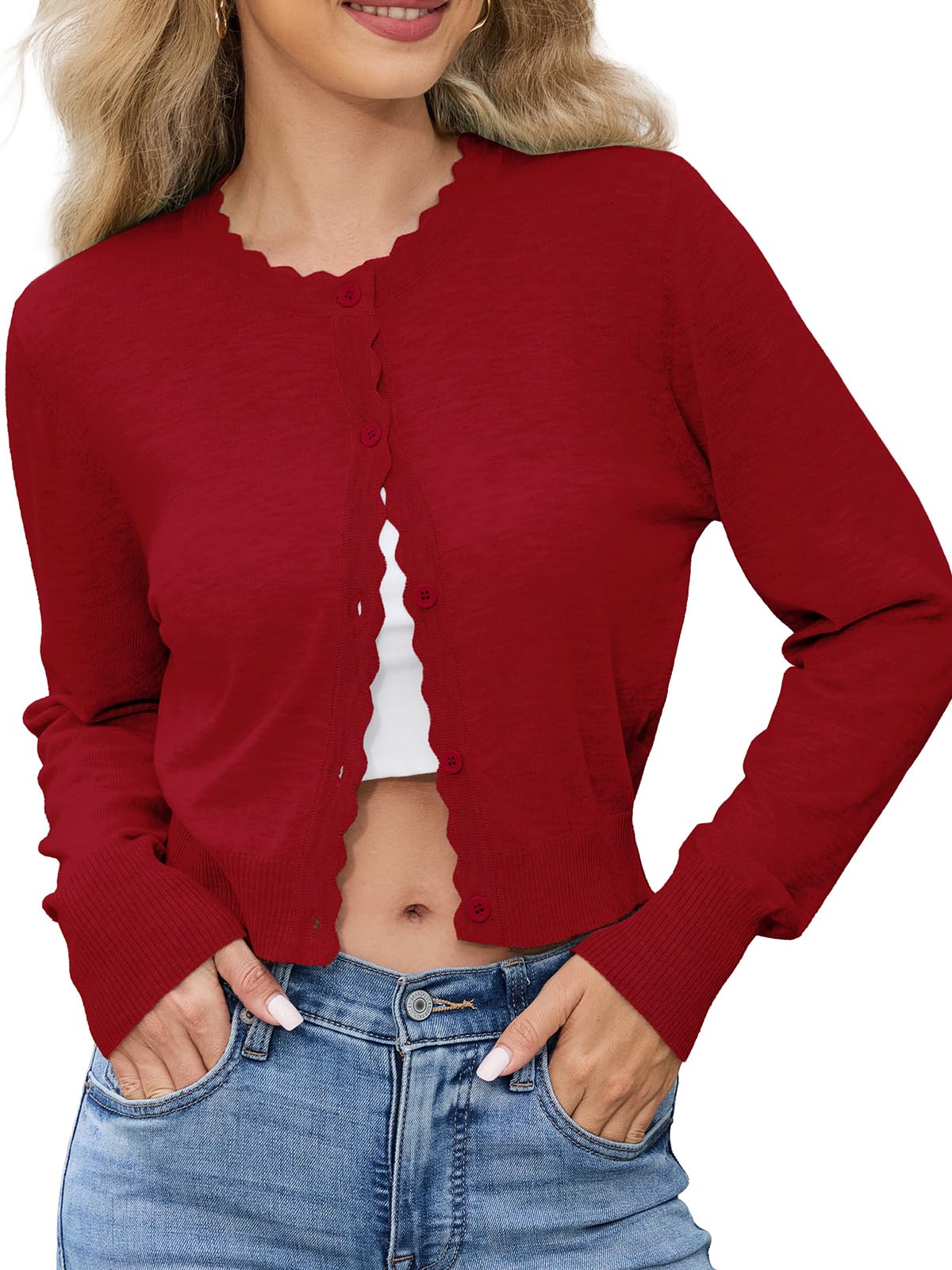 Lyrur Womens Scalloped Crewneck Cropped Cardigan Sweaters Long Sleeve Button Down Knit Bolero Shrug