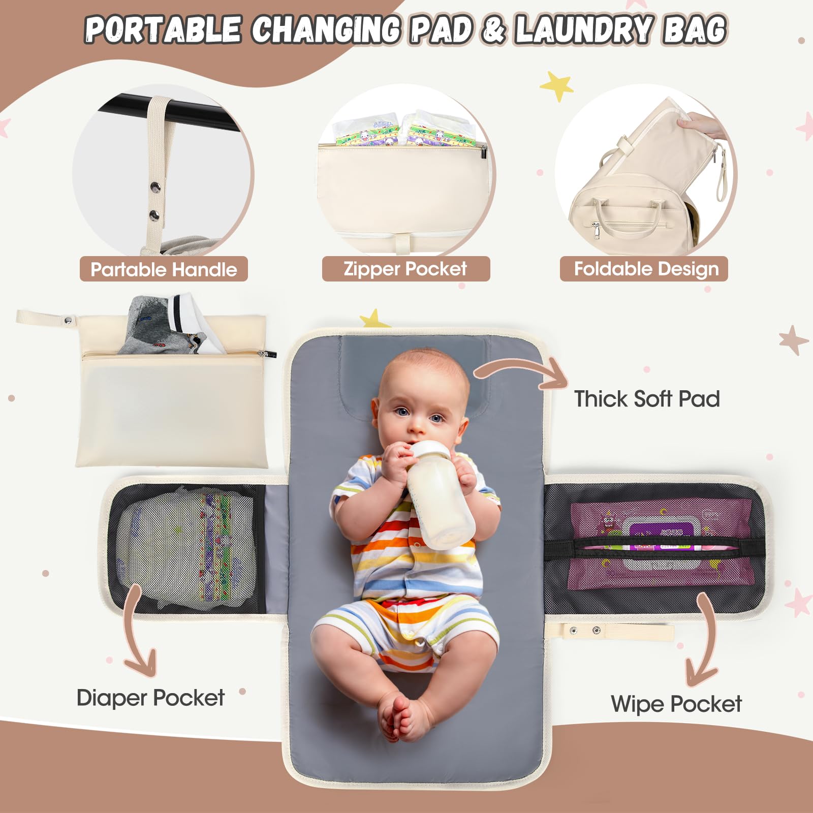 RAINSMORE Wickelrucksack Baby Wickeltasche Rucksack mit Wickelunterlage Unterwegs Groß Diaper Bag Multifunktions Baby Taschen für Mama und Papa Aprikose