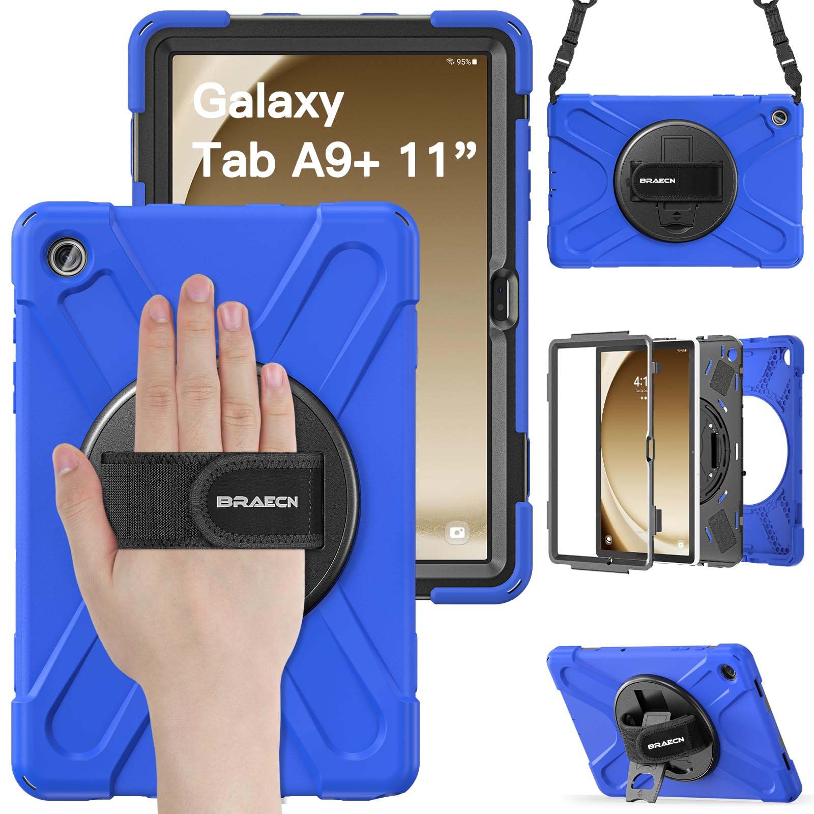 BRAECN for Samsung Galaxy Tab A9 Plus Case 11 Inch 2023, Shockproof Hard Duty Case with Screen Protector &360 Rotating Stand&Hand Strap/Shoulder Strap