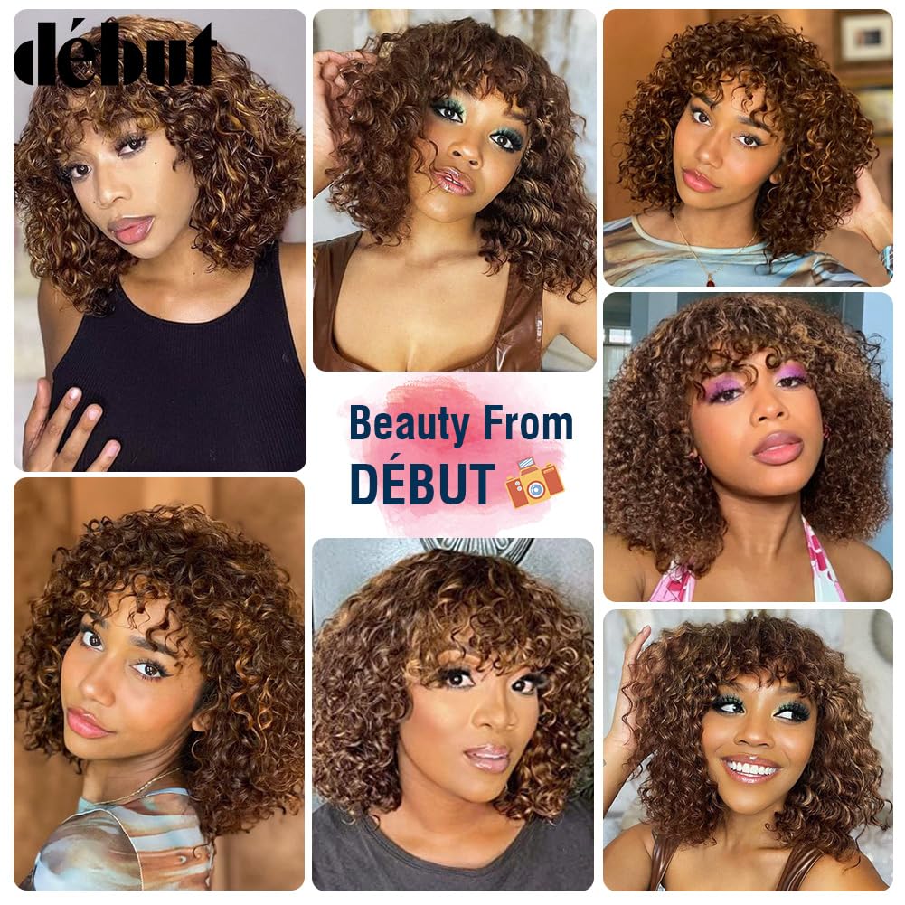 Peluca de pelo humano con flequillo corto y rizado Bob peluca de pelo humano Jerry Curl Bob peluca para mujeres negras 150% densidad sin encaje frontal peluca sin pegamento (30 cm, P4/30/27)