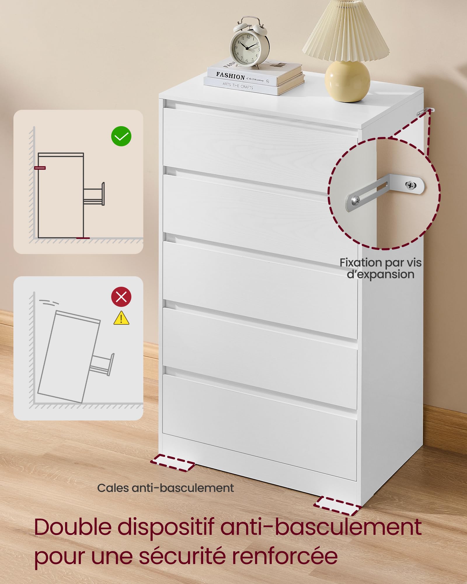 VASAGLE Kailyn Collection - Commode Chambre 5 Tiroirs, Armoire de Rangement, Meuble à Vêtements, 40 x 60 x 97,4 cm, Style Moderne, Blanc Neige LTS605WE01V1
