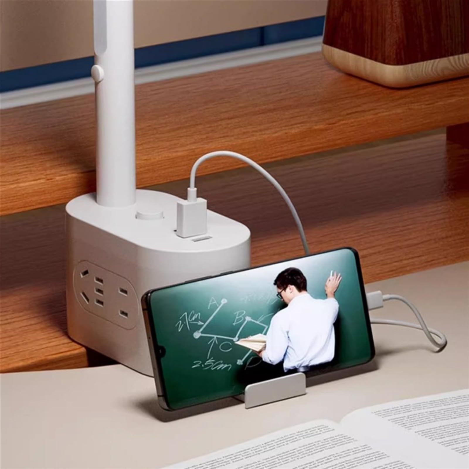 Schreibtischlampe LED-Schreibtischlampen for das Heimbüro – 2 USB-Ladeanschlüsse und AC-Steckdosen, Knopfschalter, dimmbar, 3 Farbmodi, Nachtlicht Telefonhalter