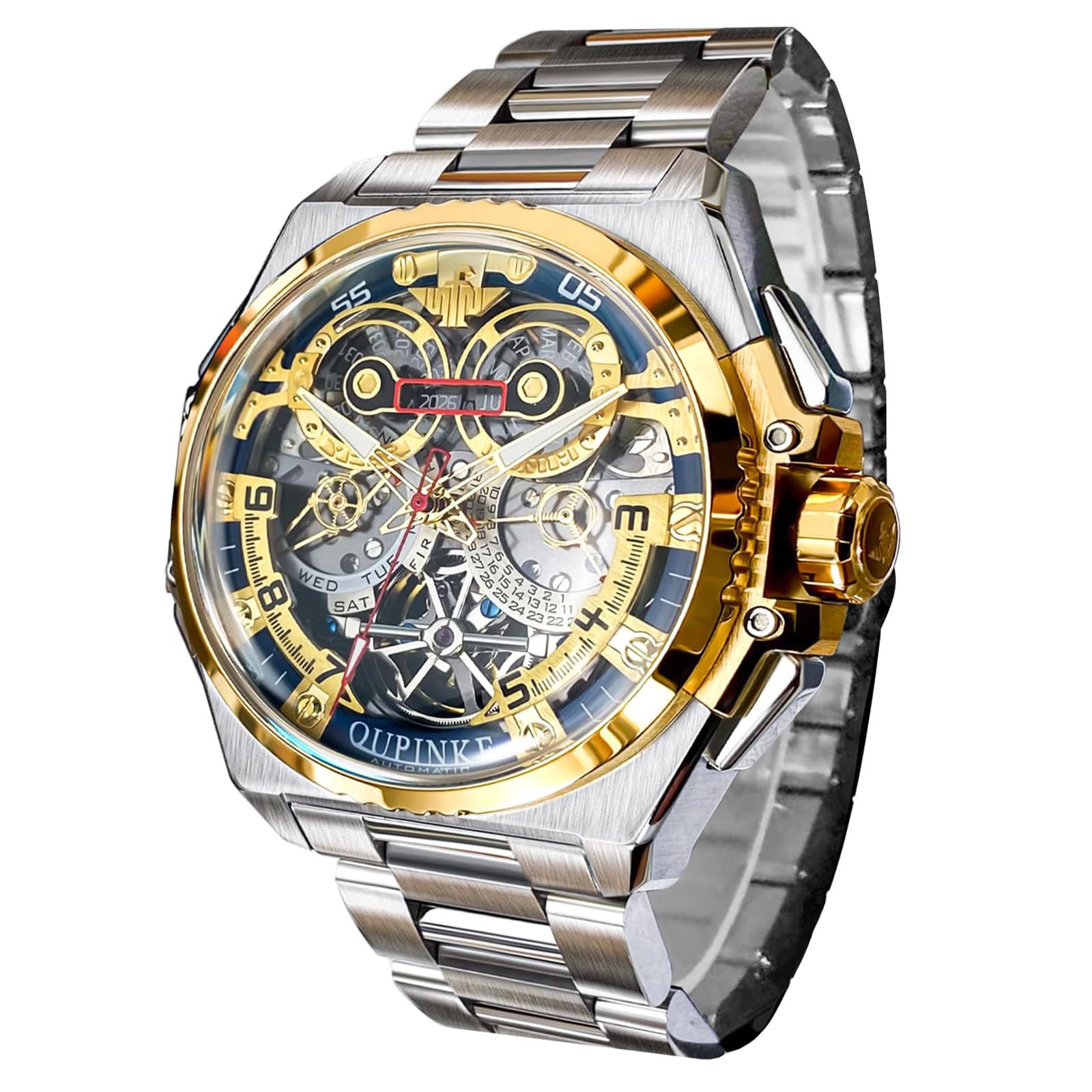 OUPINKE Watch for Men Automatic Wristwatch 3D Dial with 5ATM Waterproof Luminous Calendar Skeleton Watches-Sapphire Crystal Tungsten Steel Strap