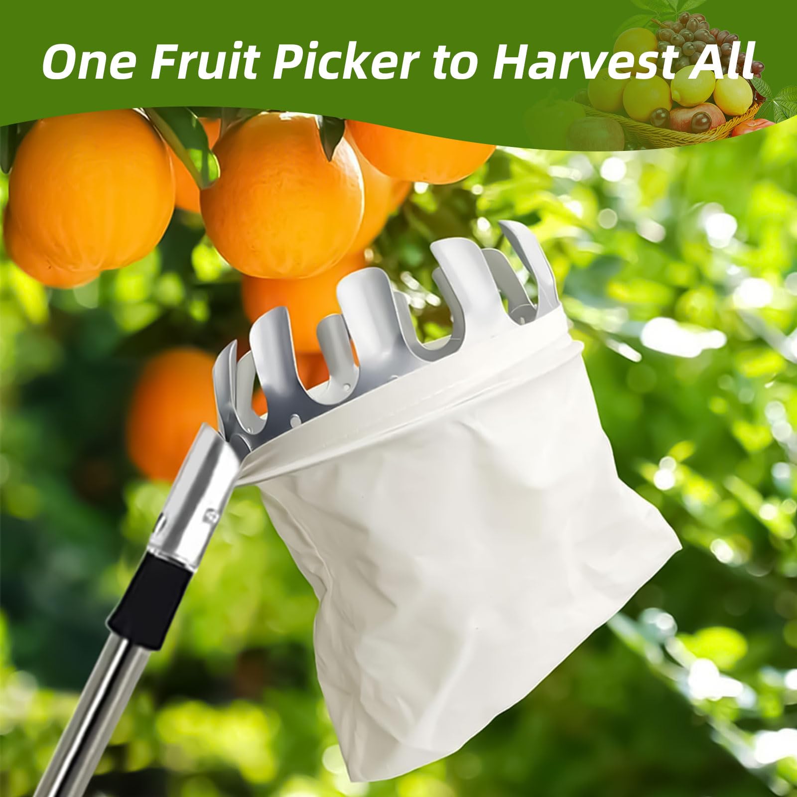 2.8m Raccoglitore Frutta Telescopico, Raccogli Frutta da Albero Acciaio Inox Leggero, Attrezzo Raccogli Frutta con Borsa in Cotone, Raccoglifrutta Regolabile in Mele