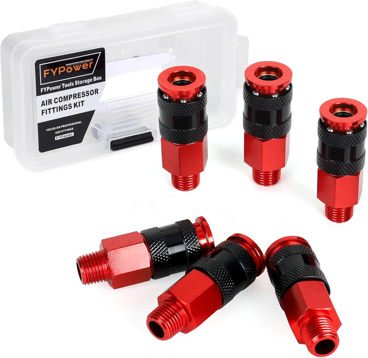 Air Hose Fittings, 6 Pieces AMT Universal Air Couplers with 1/4" NPT Male Threads, Red 6 Pieces Air Coupler Male Red