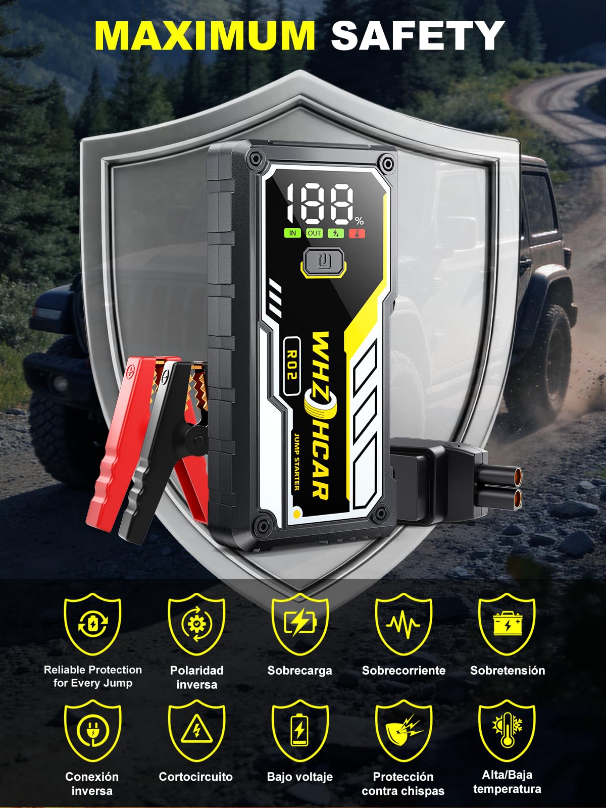 Arrancador Portátil para Coches de 8000A Arrancador de Baterias de Coche 12V Arrancador de Coches para Todos Gasolina o 10L Diesel con Cables Inteligentes, Linterna LED y Pantalla LCD
