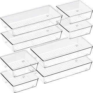 Criusia 8 Pack Large Clear Plastic Drawer Organizer Set, Bathroom Organizer Vanity Trays Dividers, Non Slip Storage Bins for Makeup, Jewelry, Snacks, Office, Desk, Fridge, Bedroom, Kitchen