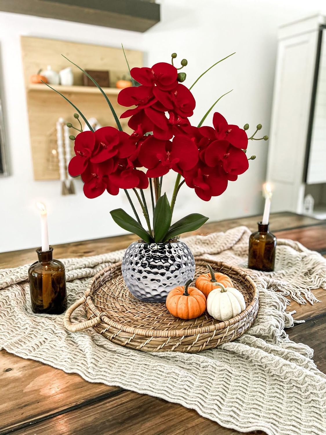 Briful Orchid Artificial Flowers 20'' Red Faux Orchid Flowers with Silver Vase Fake Phalaenopsis Silk Flowers for Home Office Dinning Room Kitchen Table Centerpiece Decor - Image 7