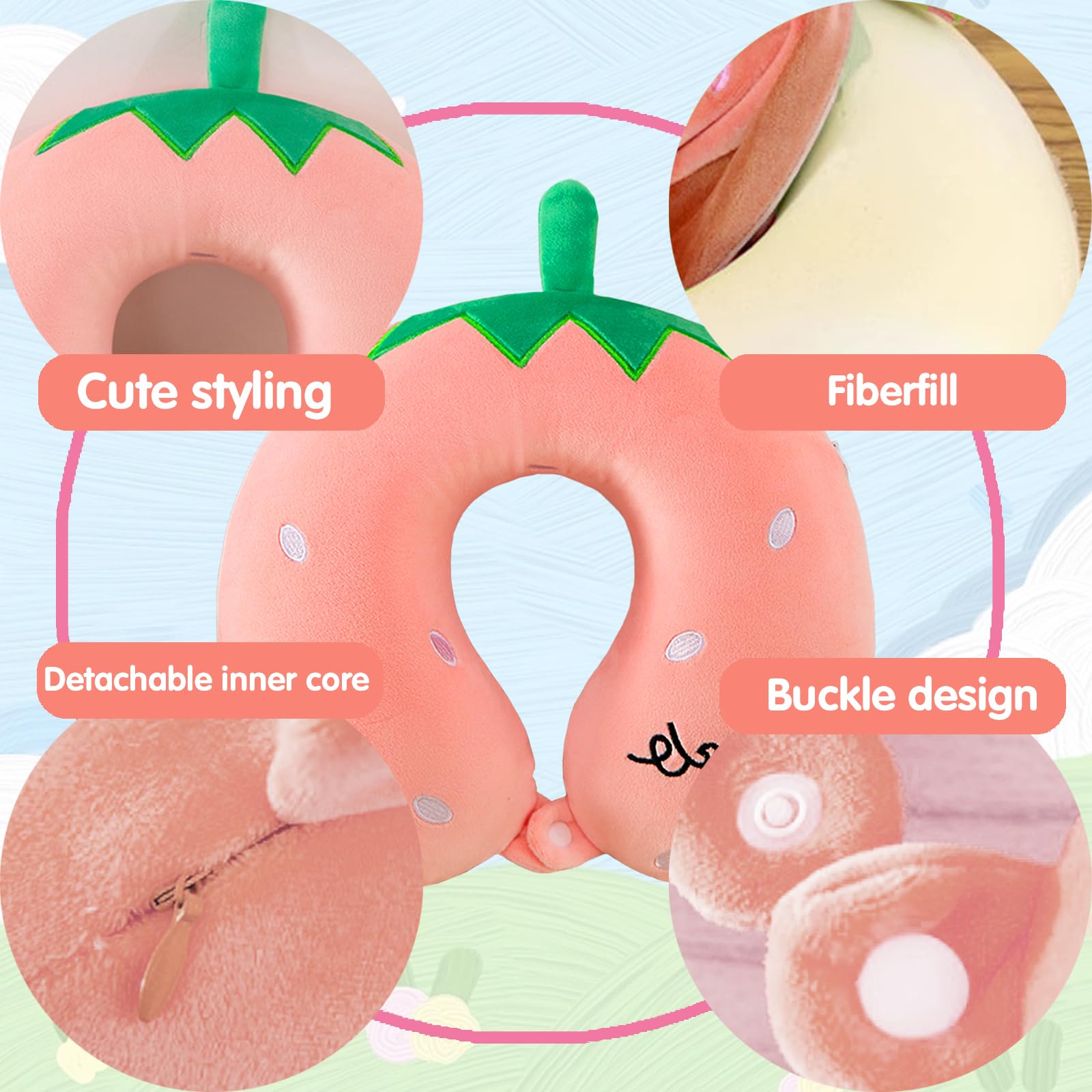 Cuscino Da Viaggio A Forma Di Fragola Con Scatola Portaoggetti In PU - Memory Foam Per Collo, Con Cinghia A Scatto, Per Adulti E Bambini, Regalo Natale - 2