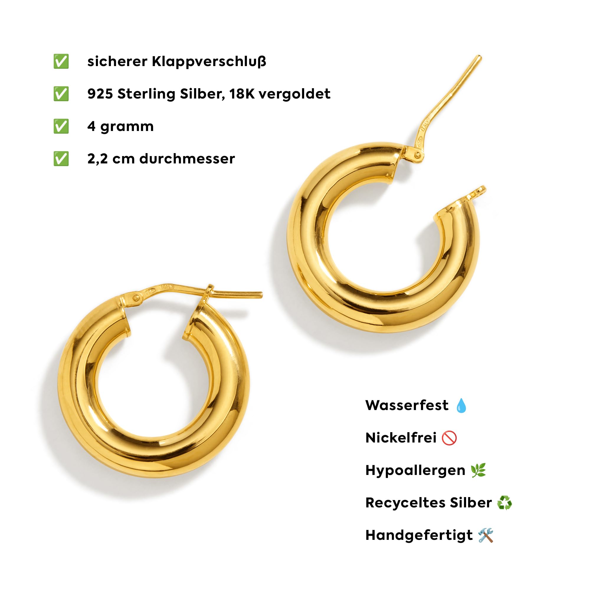 Creolen Damen 925 Sterling Silber – 18K vergoldet – Wasserfeste Ohrringe – Handgefertigt in Europa – Nickelfrei – Minimalistisches Schmuckdesign