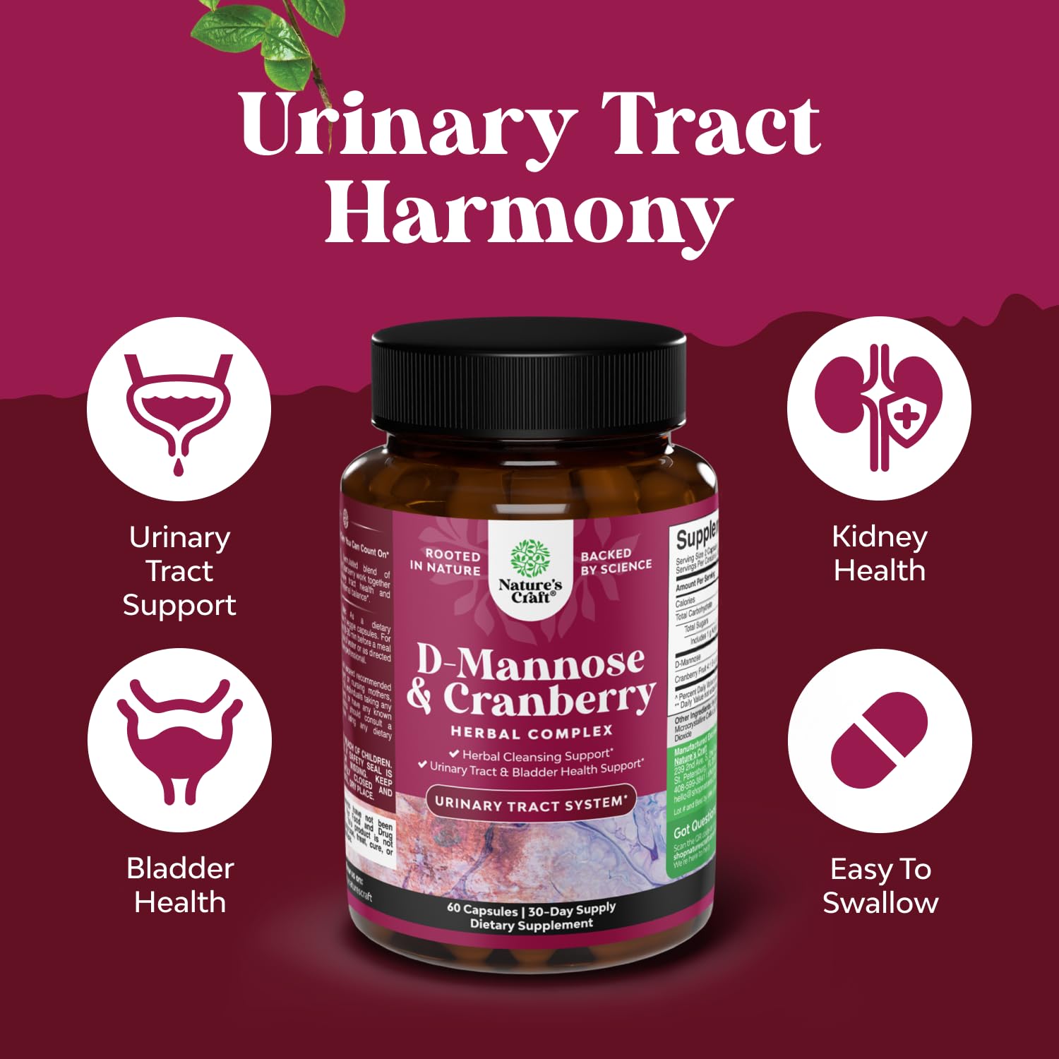 D Mannose with Cranberry Supplement - Urinary Tract Support - 60 Capsules — Amazon image 3