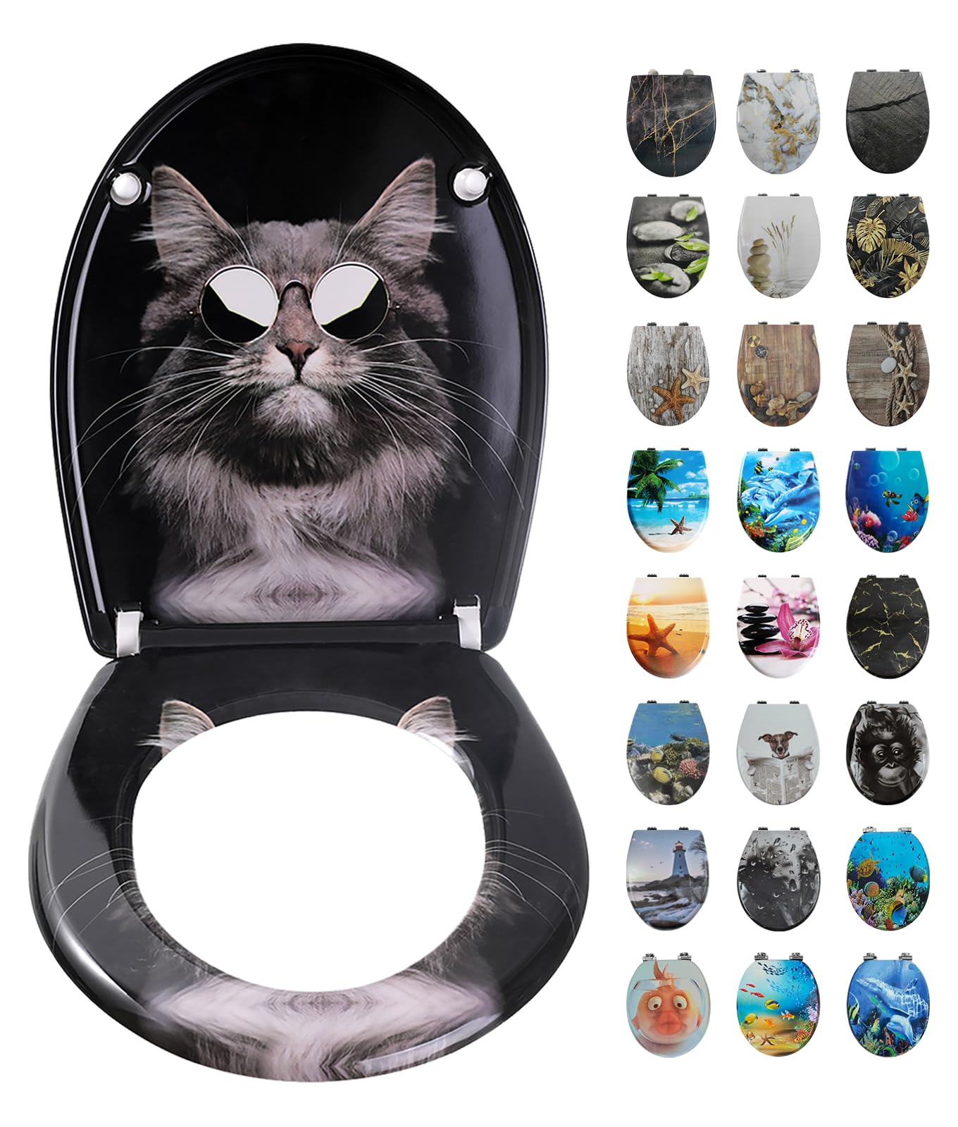 Toilettendeckel mit Absenkautomatik, WC Sitz mit Absenkautomatik Oval Form klodeckel Einfache Reinigung, Abnehmbarer WC-Sitz, 150kg belastbar, einfache Montage – Motiv: Schwarze Katze