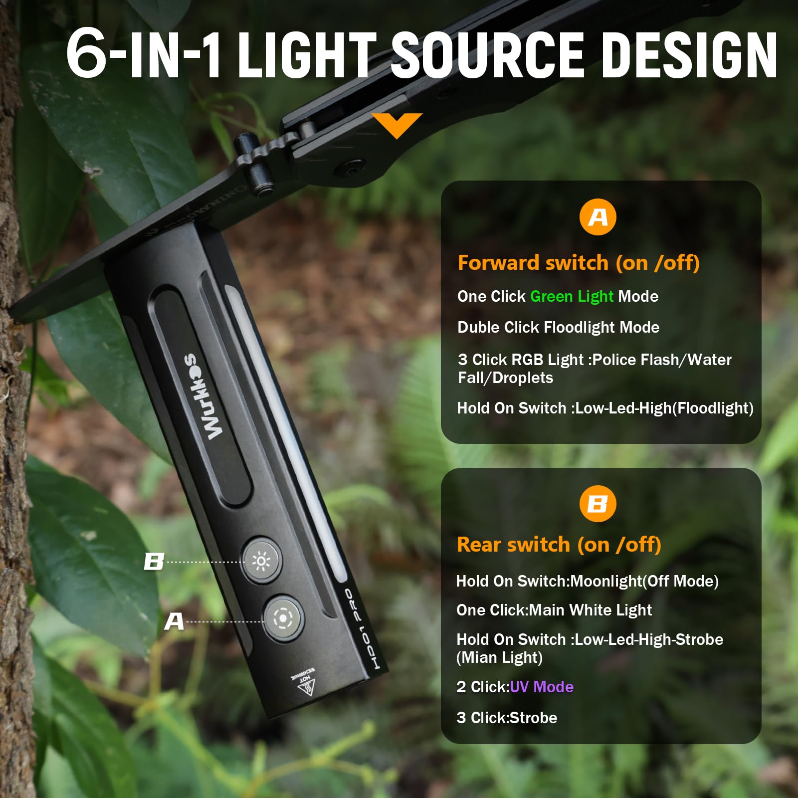 Wurkkos HD01 PRO Linterna LED Recargable Alta Potencia 1200 Lúmenes, Linterna LED/UV 2 en 1con Luz blanca Luz Verde, RGB, Mini Portátil Linterna Potente para Ciclismo, Camping, Montañismo, Emergencia