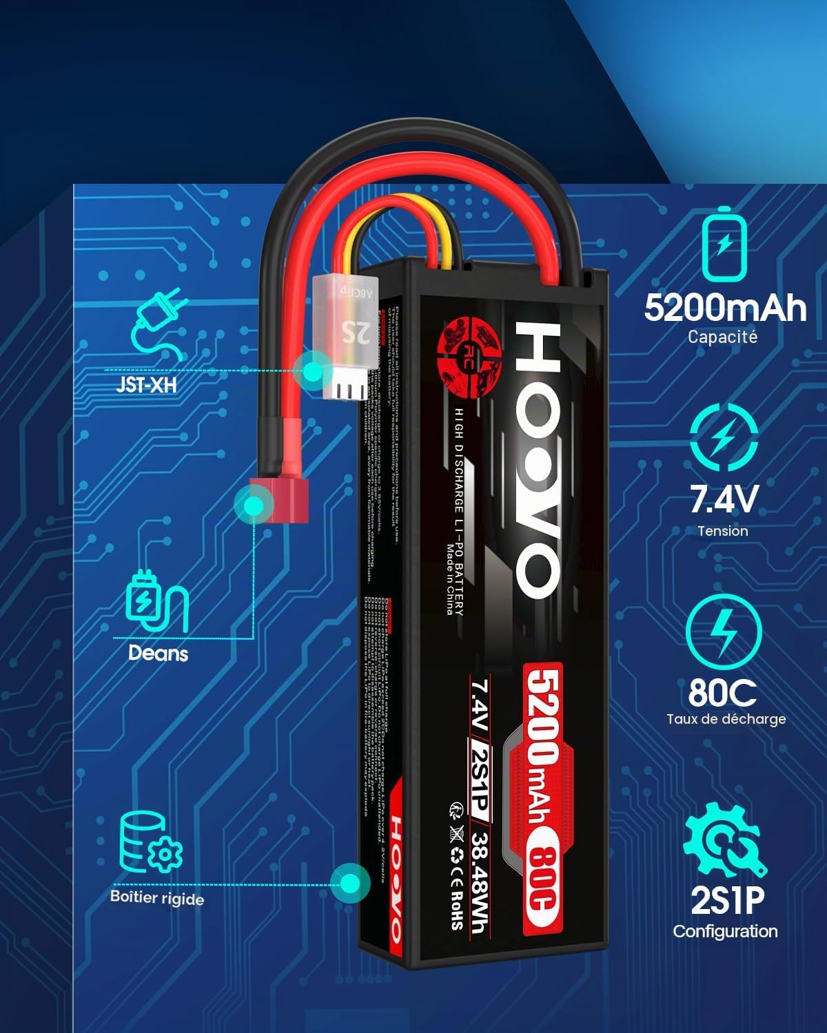 Lot de 2 batteries LiPo 2S - 7,4 V - 5200 mAh - 80 C - Boîtier rigide avec fiche en T - Pour voiture, camion, hélicoptère, avion, roche, avion, avion, avion, avion, hélicoptère, voiture, camion