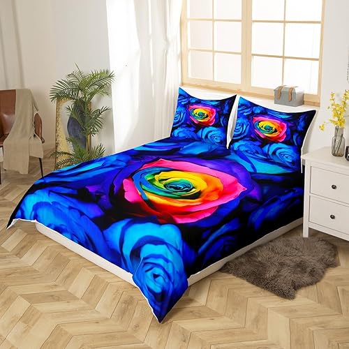 Miniatura 3 de Feelyou Juego de funda de edredón con diseño de rosas de arco iris, juego de ropa de cama de flores coloridas para niñas y mujeres, funda de edredón