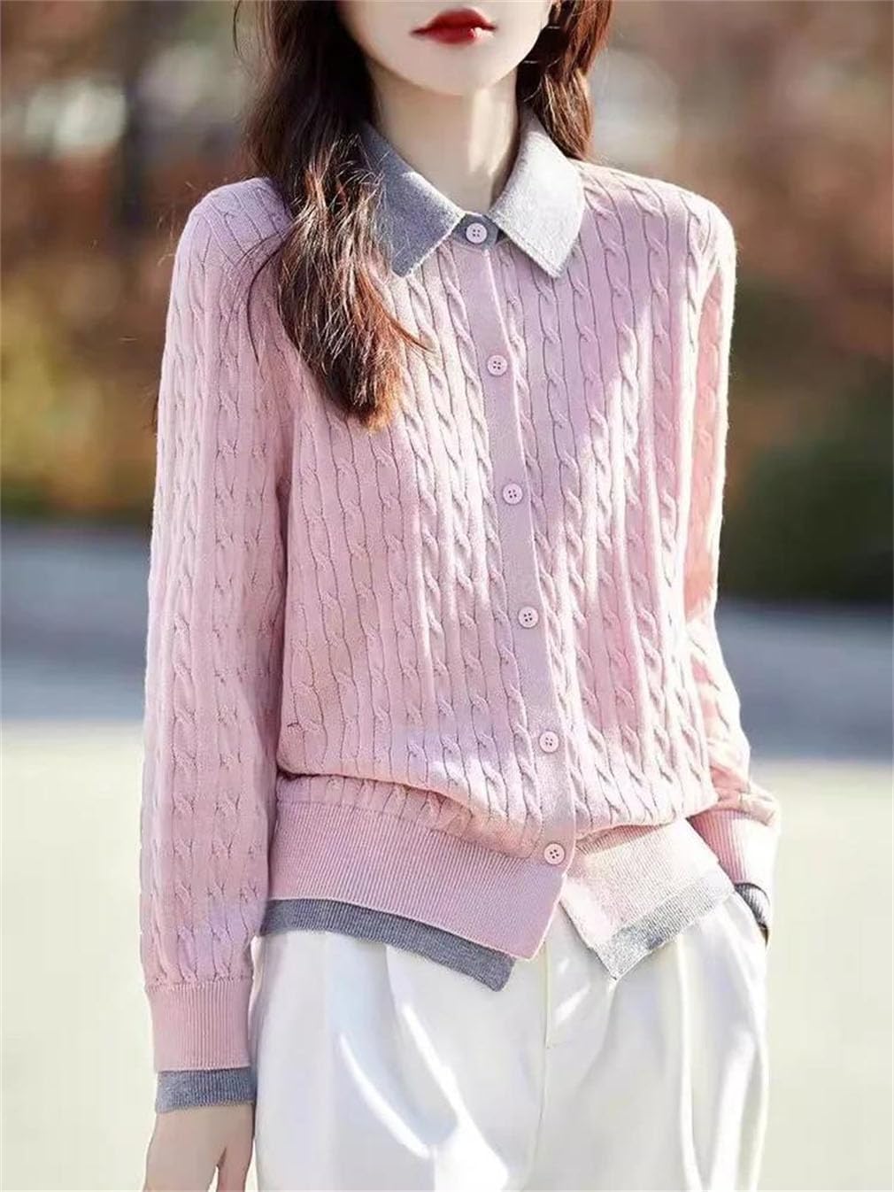 Women's Knit Button Patchwork Sweater Casual Cable Knit Long Sleeve Tops