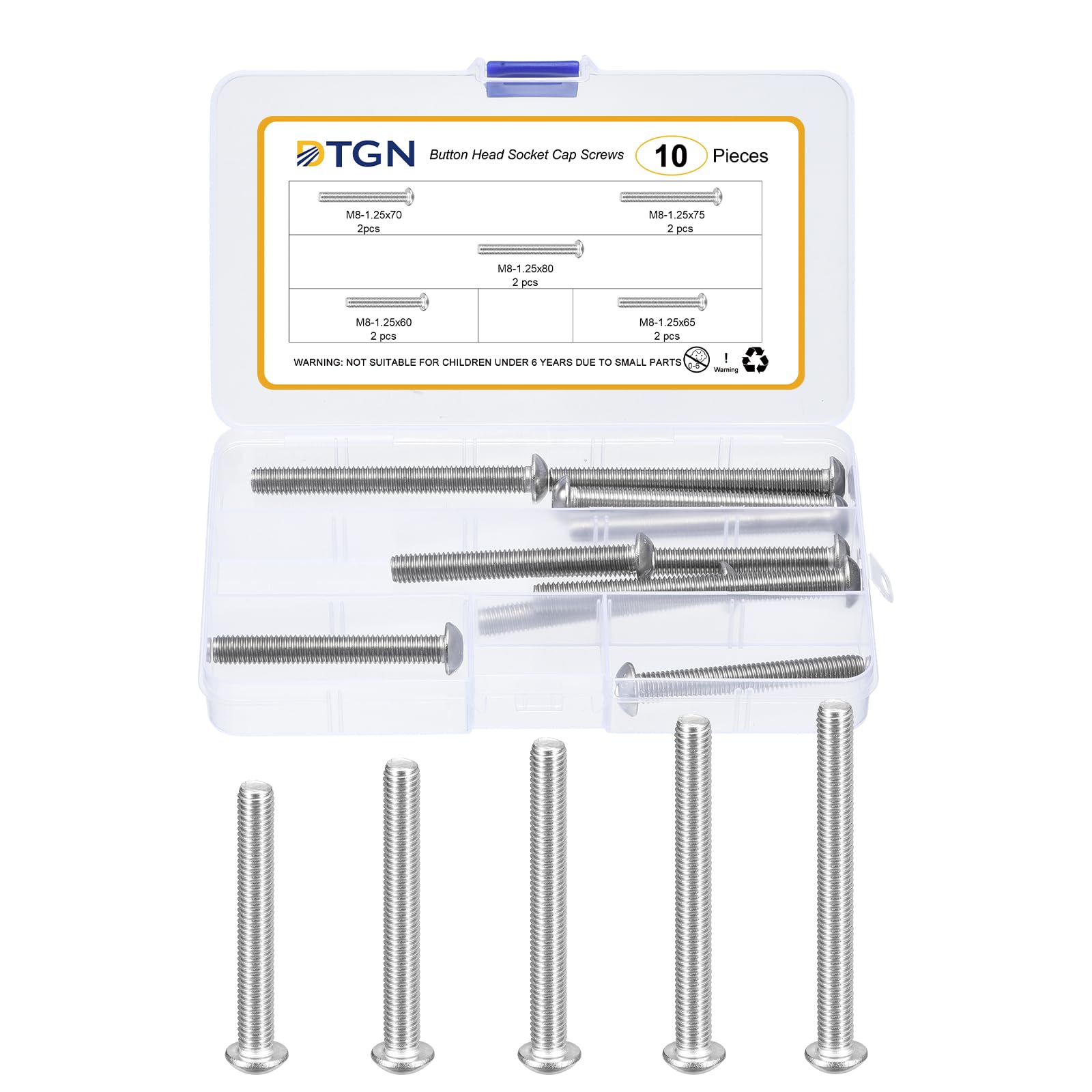 DTGN 10Pcs M8-1.25x60/65/70/75/80mm Button Head Socket Cap Screws - 304 Stainless Steel Bolt Nut Set Washer Assortment Kit - Good for Road Bicycle,