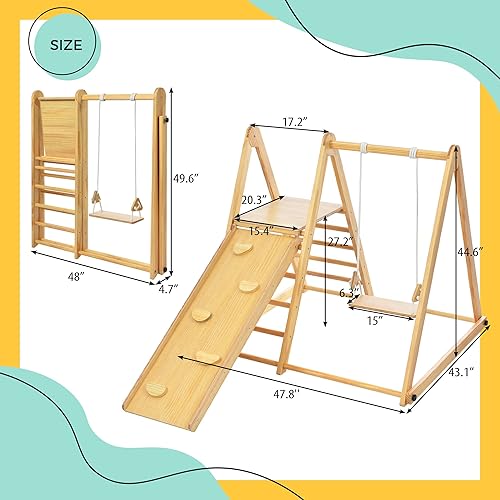 Miniatura 7 de Merax Juego de tobogán y columpio 4 en 1, juego de escalada Montessori plegable con columpio de madera para niños, gimnasio de selva interior para