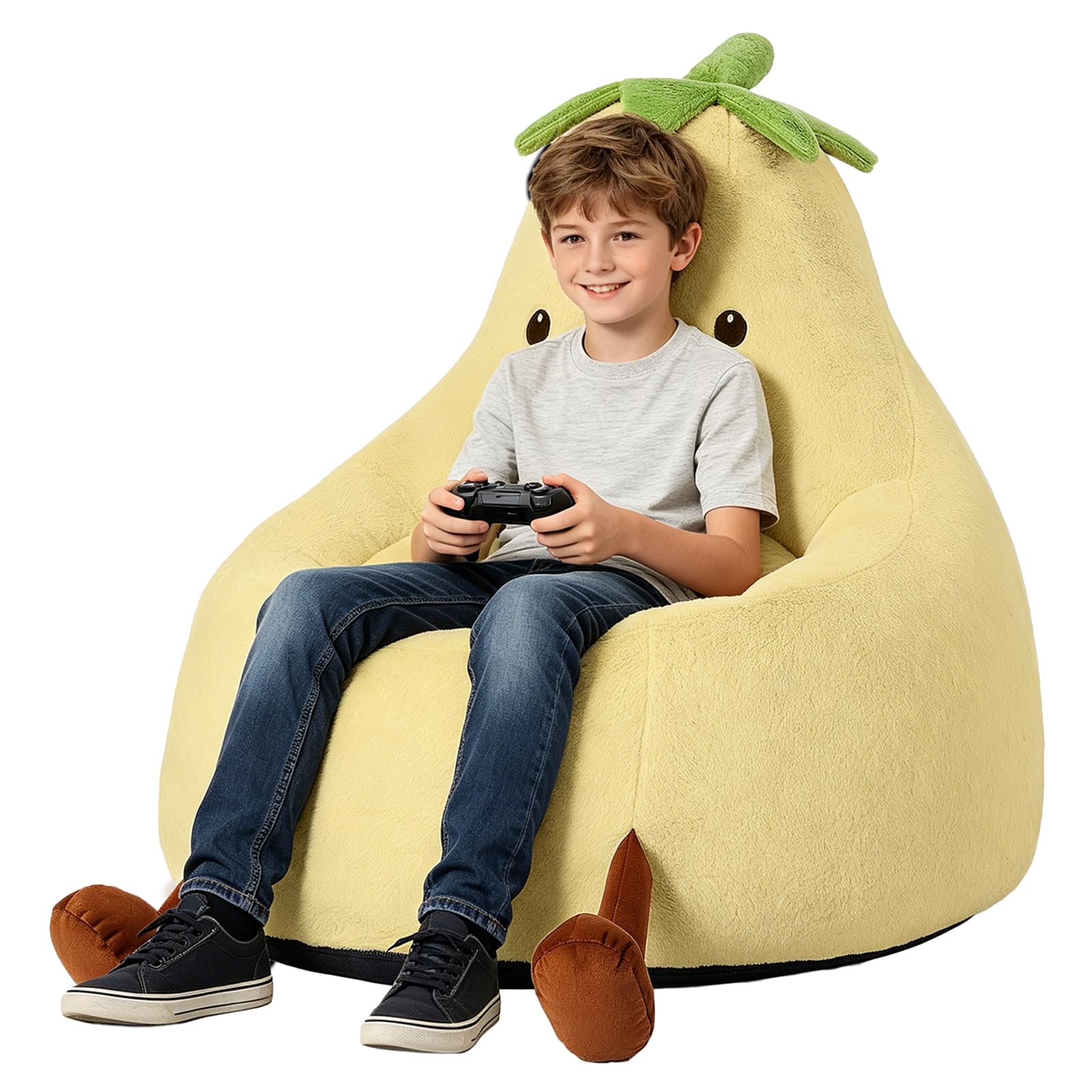 31 Inches Memory Foam Bean Bag Chair - Ultra Soft Faux Rabbit Fur Sofa with Handle &amp; Machine Washable Cover, Comfy Lazy Chair for Kids Teens, Perfect for Reading Gaming in Living Room Bedroom，Yellow