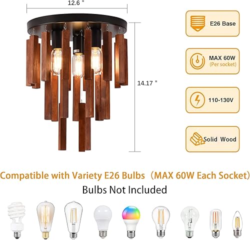 Miniatura 3 de Lámpara de techo de montaje empotrado de granja, tira de madera rústica de 3 luces cerca del techo, iluminación de techo retro vintage de roble rojo