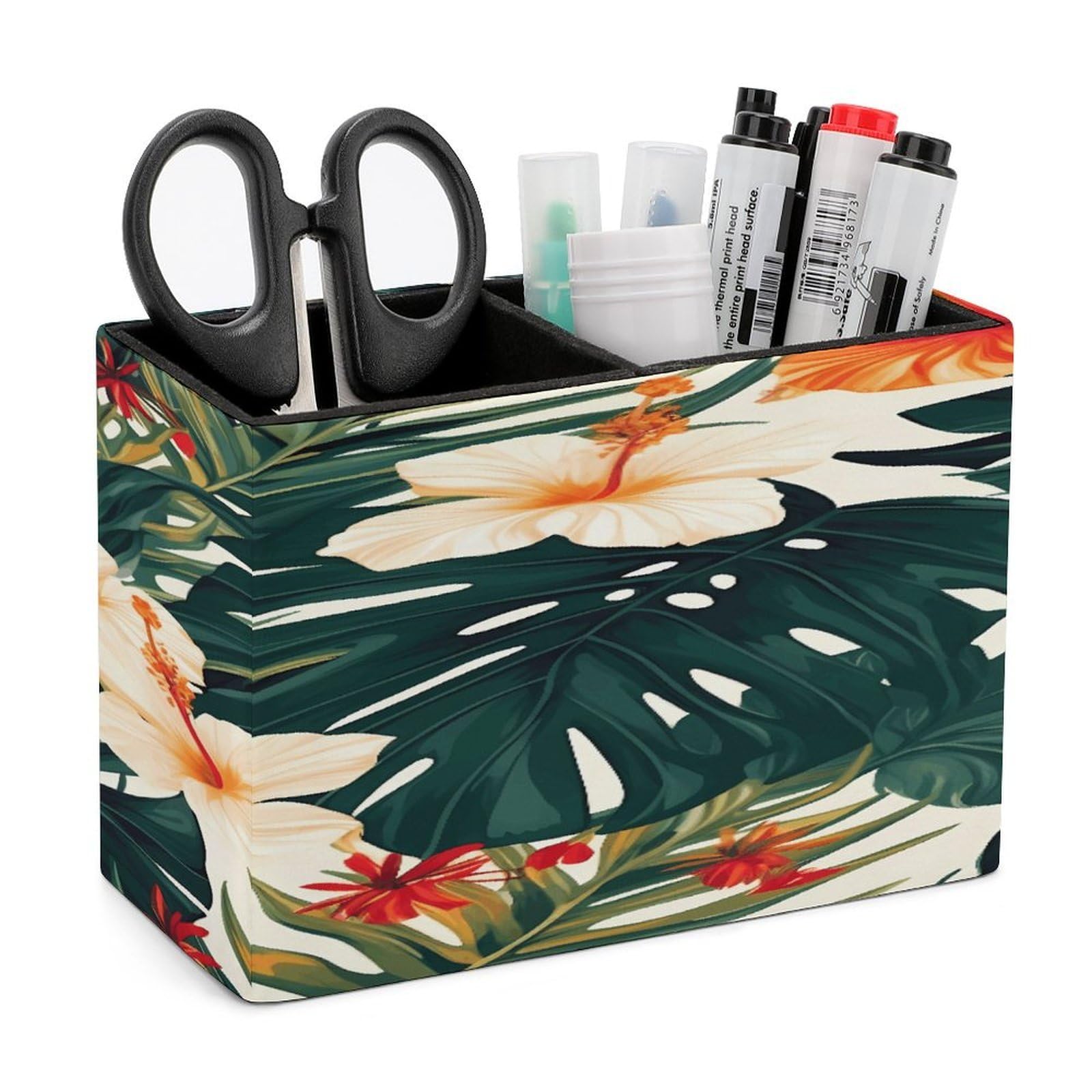 Tropical Summer Hawaiian Flower Palm Leaves Pen Holder Double Compartments Pen Cup Fashion Makeup Brush Holders Leather Pencil Holder for Work Locker Accessories Modern Pencil Cup for Desk Organizer