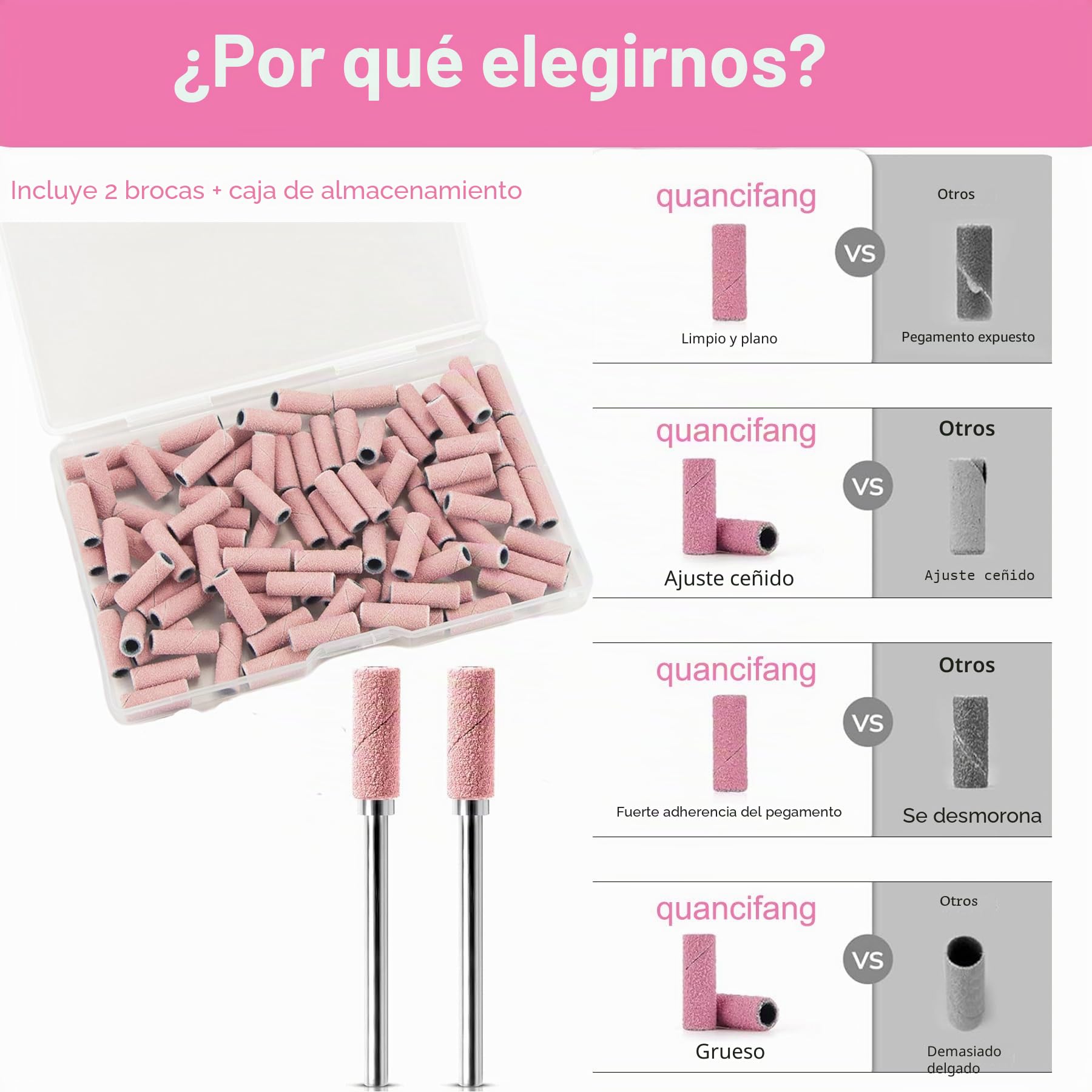 Bandas de Lijado para Cabezal para Torno de Uñas, 100 Pcs Mini Bandas 240 Grit con Estuche y 2 Brocas para Uñas, Compatible 99% Taladros Uñas, para Remoción Gel Acrílico y Pulido, Rosa