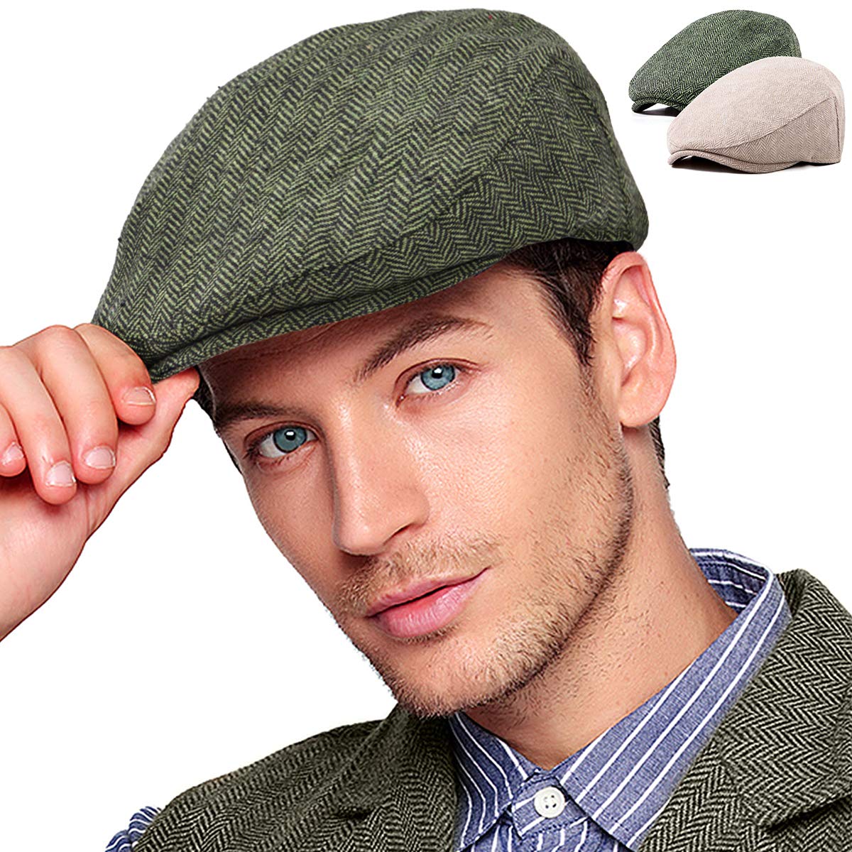 2-Pack Adjustable Newsboy Hats for Men Flat Cap Irish Wool Blend Tweed