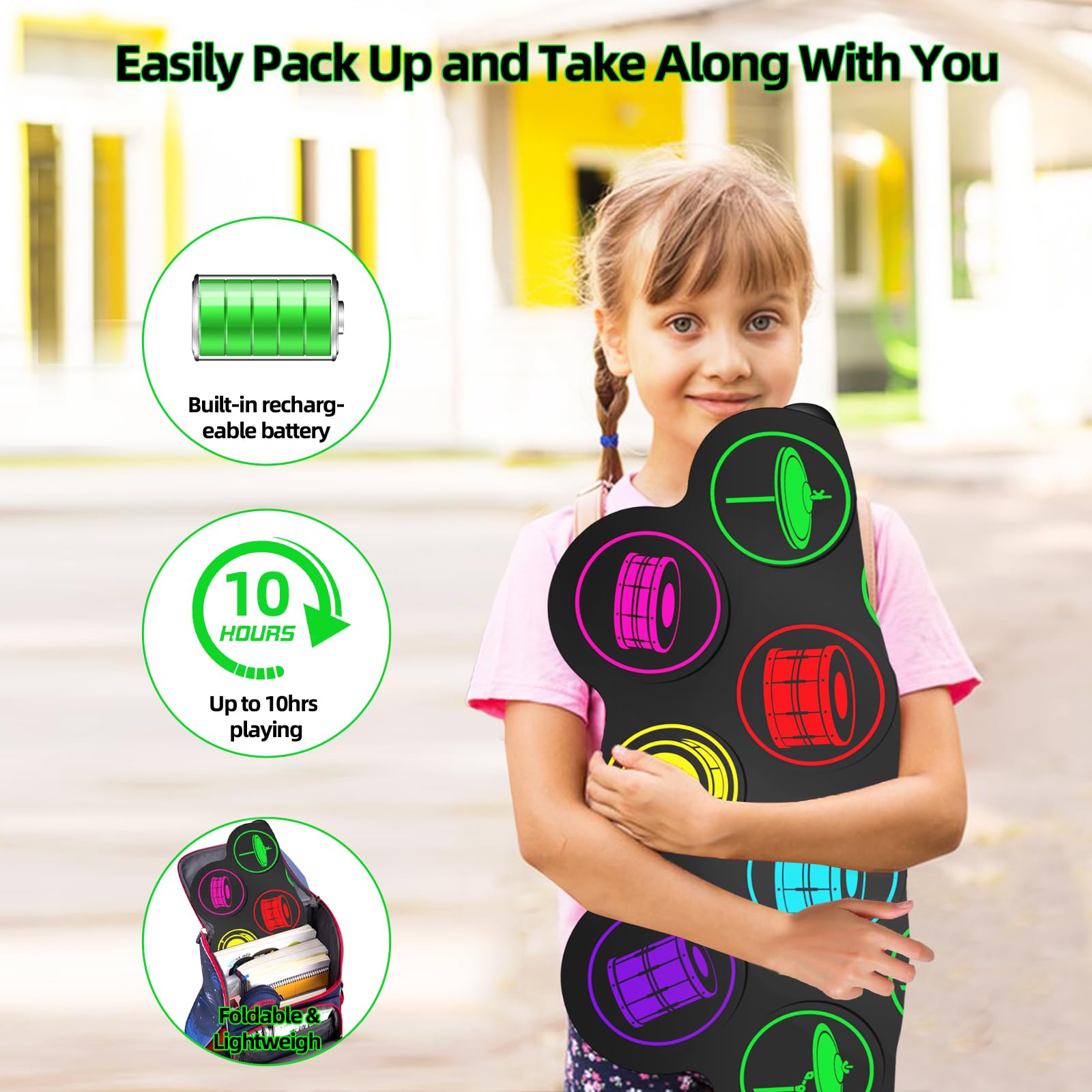 Juego de batería electrónica, 9 almohadillas de práctica MIDI Roll-Up Drum Pad con conector para auriculares integrado de doble altavoz y pedales, gran sorpresa de cumpleaños de Navidad para niños y 3
