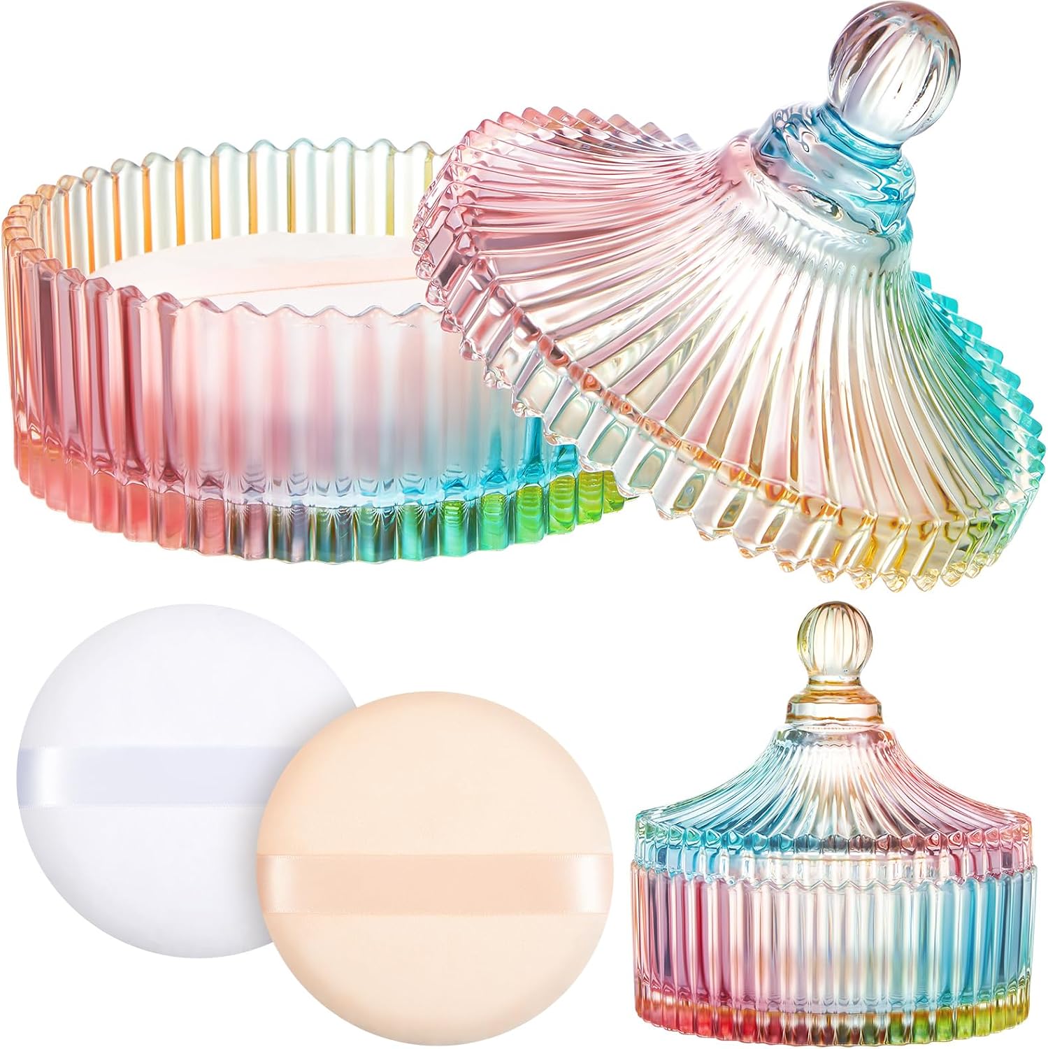 Tioncy 3 Pcs Extra Large Body Powder Puff and Container 5.43'' Glass Body Container with 5.12'' Powder Puff Glass Jar for Women's Talcum(Classic,Coloured Glaze)
