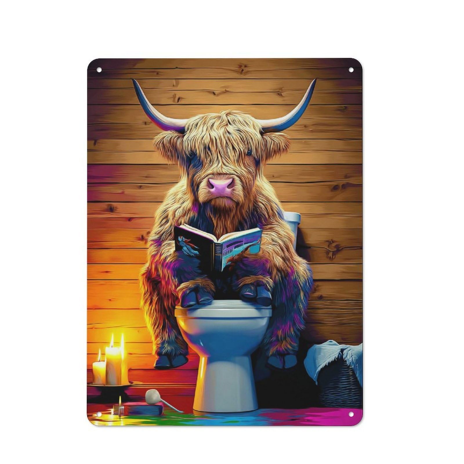 Junmoney Highland Cow Reading On The Toilet 40X30cm Retro Metal Plaque With For Kitchen Or Home Bar, For Garage, Workshop And Man Cave Decoration