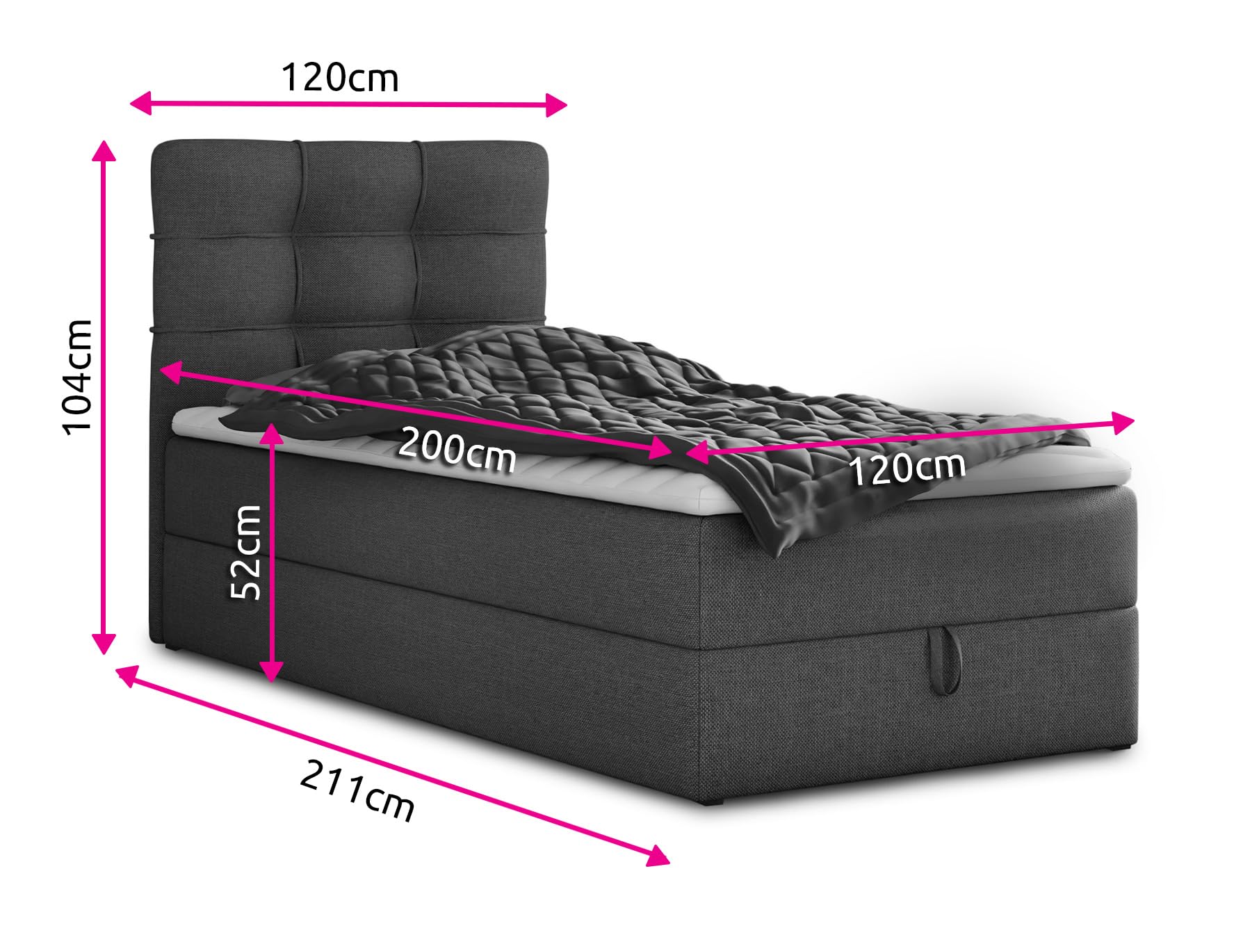 Sofnet Boxspringbett Best Mini mit Bettkasten und Matratzentopper - Einzelbett mit Bonell-Matratze und Topper, Polsterbett, Bett, Schlafzimmer (120 x 200 cm, Graphit (Inari 94))