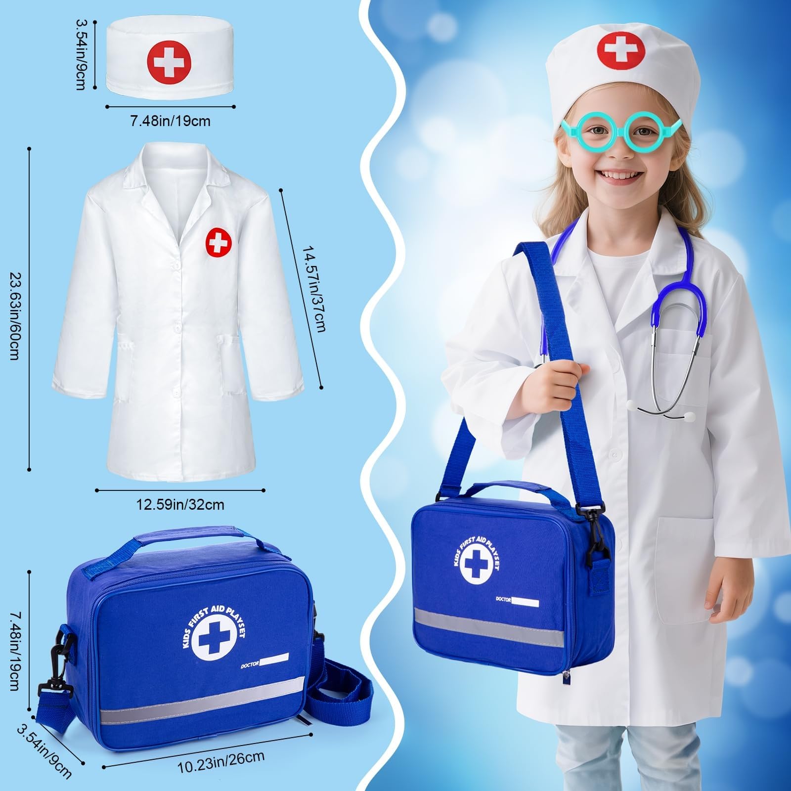 EFO SHM Malette Docteur Enfant avec Véritable Stéthoscope, Blouse de Médecin, Kit Infirmiere Jouet Docteur Bois, Cadeau Enfant 3 Ans