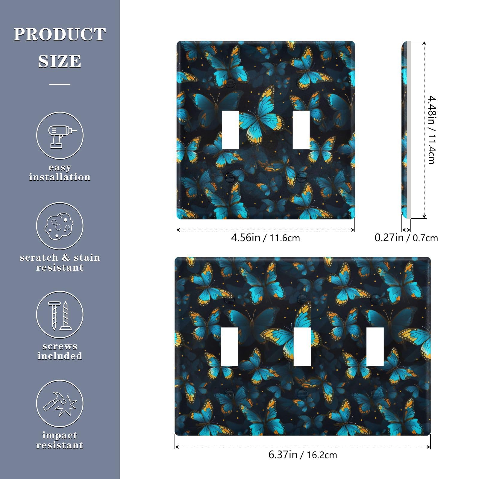 Light Switch Cover Blue Butterfly Wall Plates for Electrical Outlets 3 Gang 202a8888