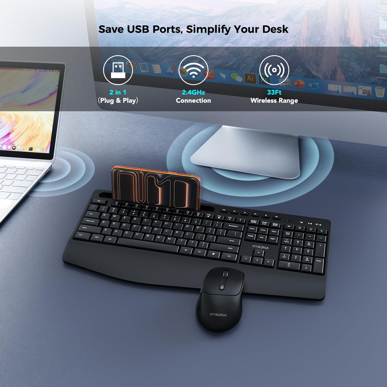 KYSONA Tastiera wireless e mouse, tastiera senza fili di dimensioni standard con poggiapolsi, supporto per iPad, 2,4 G, 3 DPI, mouse ottico regolabile per computer/laptop/PC/MAC/Windows, nero