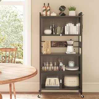 REENLIV 5-Tier Bakers Rack with Power Outlet, Microwave Stand, Bread Rack,Coffee Stand, Baker's Rack with Rolling Wheels and 8 Hooks, Kitchen Shelves for Spices,Pots and Pans, Black