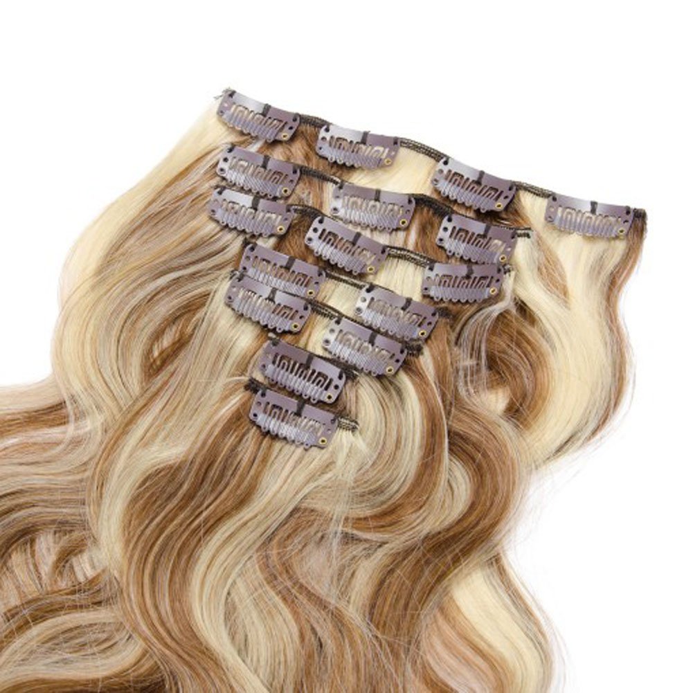 16" Remy Human Hair Clip in Extensions for Women #8/613 Body Wavy 7Pieces 70grams/2.45oz