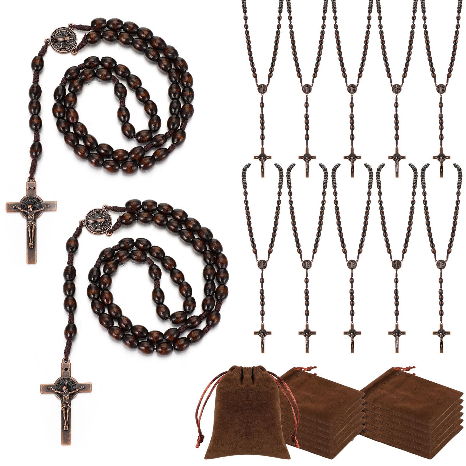 Equsion 12 Set Wooden Bead Rosary Necklace Catholic Rosary Wood Carved Solid Beads with Jesus Cross Our Father with Velour Gift Pouch Baptism Favors Catholic Gift(Dark Coffee)