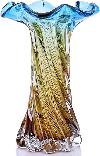 Hand Blown Glass Vase with Flower-Shaped Rim, 10.63in Spiral Swirl Blue to Golden Gradient Vase for Home Centerpiece, Coffee Table, Living Room & Independence Day Decor (S)