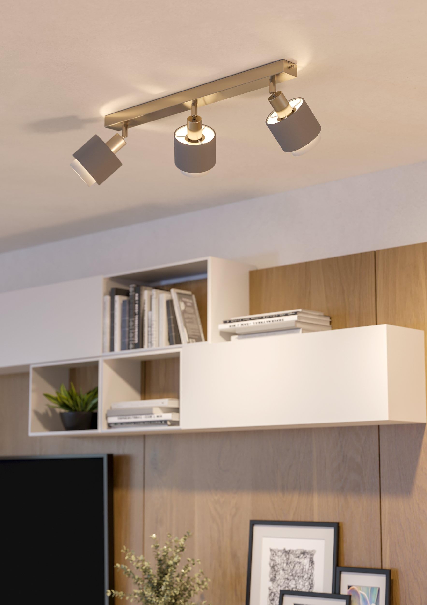 EGLO Deckenstrahler Bellizzi, Deckenlampe 3-fach | Deckenleuchte mit schwenkbaren Spots aus Textil in Grau und Weiß, Deckenspots mit E14 Fassung