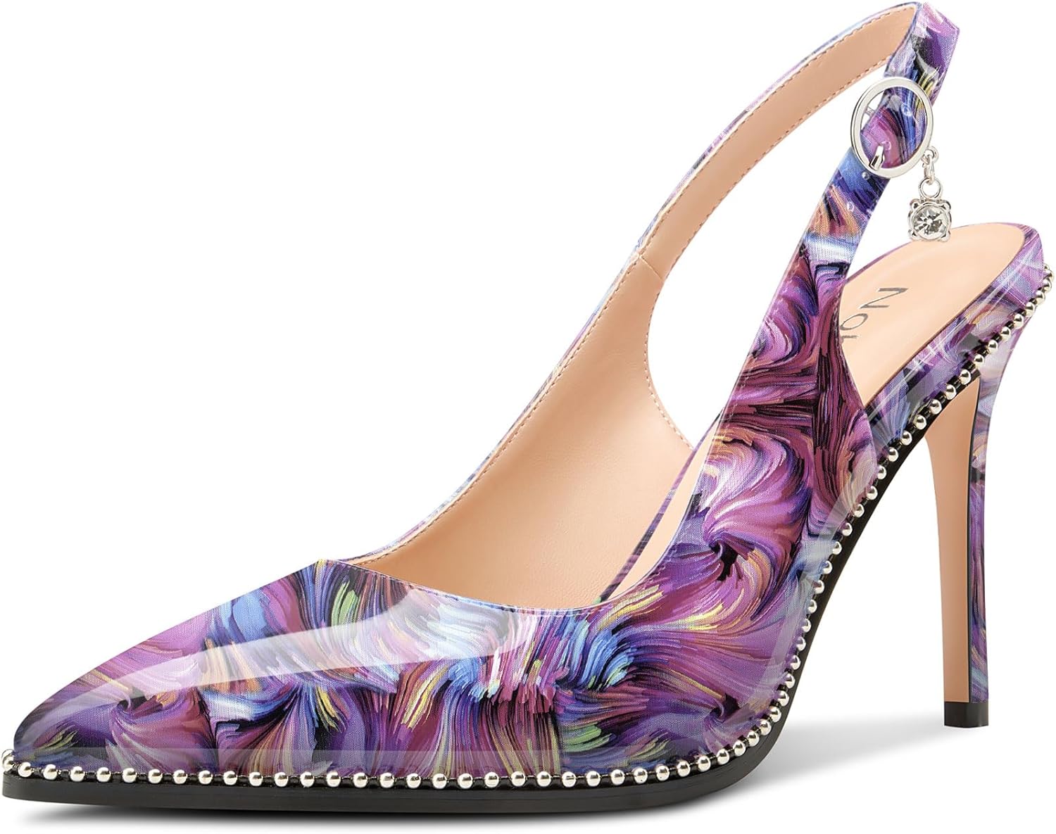 NobleOnly Slingback Beaded Pumps for Women High Stiletto Heel Pointed Toe Slip-on Dress Sandals Adjustable Buckle Rhinestone Patent Leather 3.9 Inches Heels