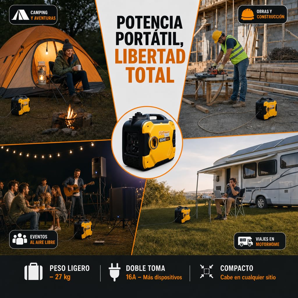 ITCPower Generador Inverter Gasolina GG34EI – Potencia 3400W Máx / 3200W Nominal – Arranque Manual y Eléctrico – 2 Tomas 16A – Bajo Ruido 64dBA – Portátil 27kg