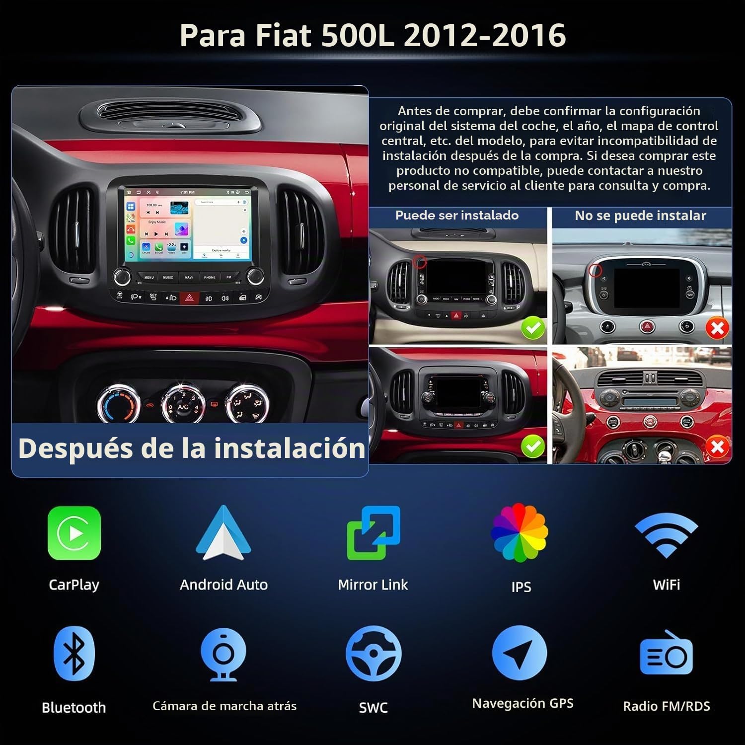 Hikity 4+64G 7" Radio Android para FIAT 500L 2012-2016 Wireless CarPlay