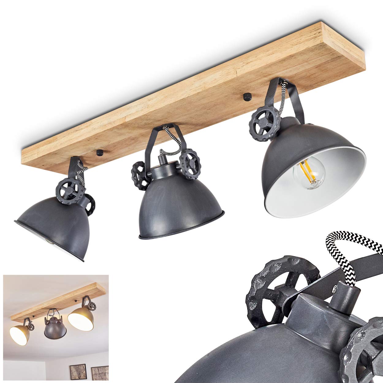 Ceiling lamp Svanfolk, Metal/Wood Ceiling lamp in Blue-Grey/Nature, 3-Flame, with Adjustable spotlights, 3 x E14-socket, Retro/Vintage Design, Without Bulbs