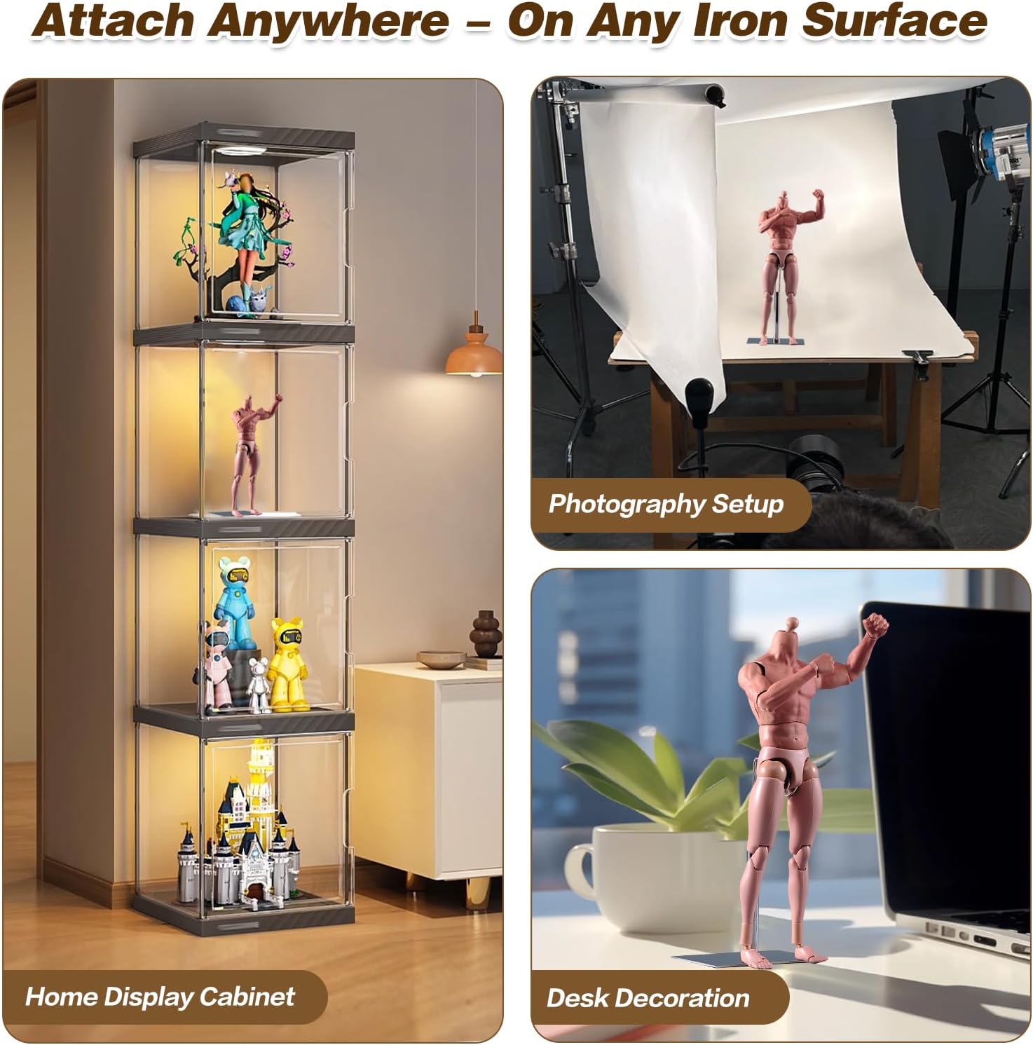 1/6 Scale Magnetic Figure Stand, Display Stand with Strong Magnetic Base & Liftable Support for 12 inches Action Figure, Doll Model Pose Display Holder Base - Extendable & Freely Magnetic-attached (silver)