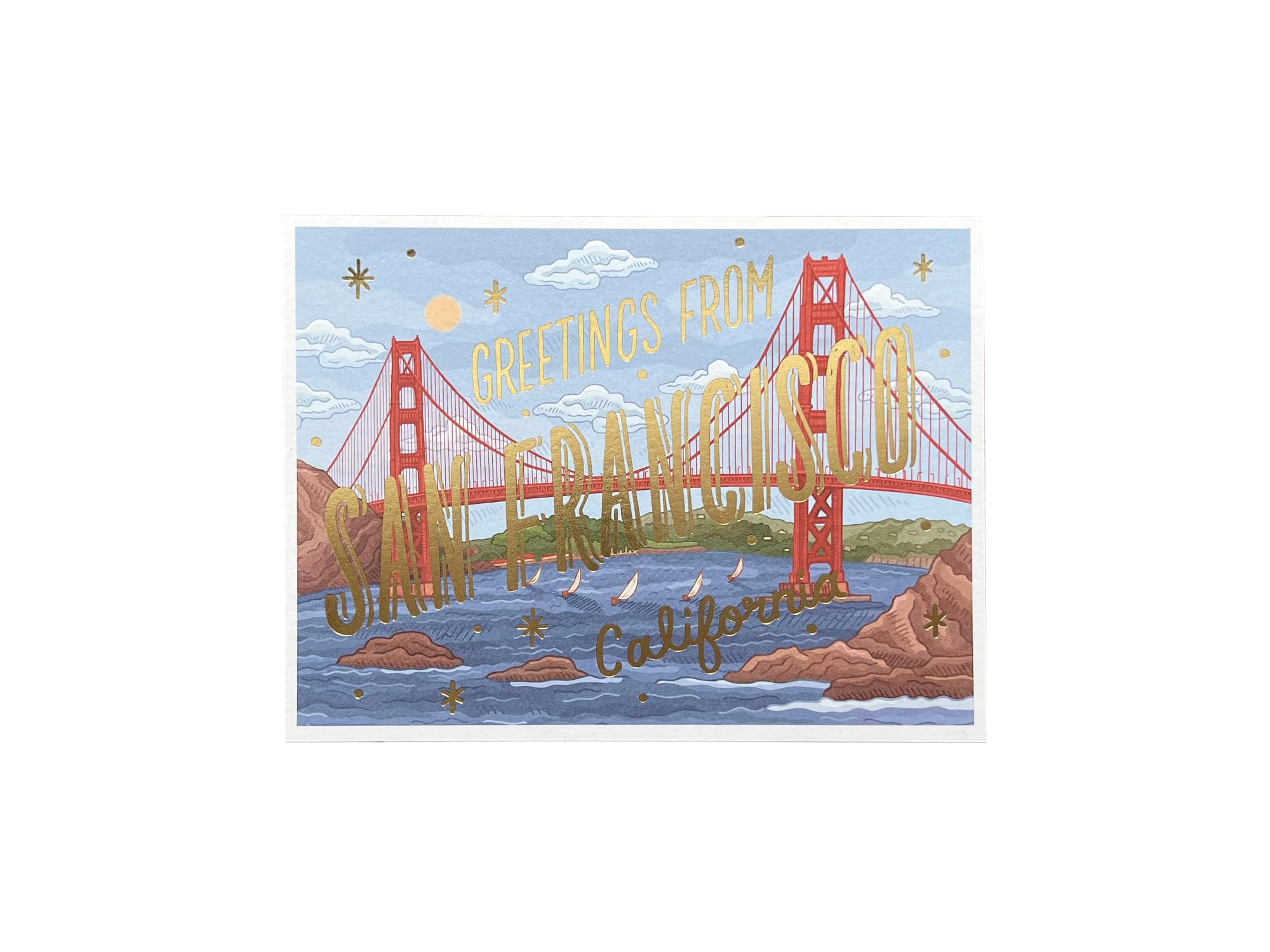 Noteworthy San Francisco Foil Postcard, Greetings from San Francisco California Vintage Style, Golden Gate Bridge Postcard, 6 in by 4.5 in Full color